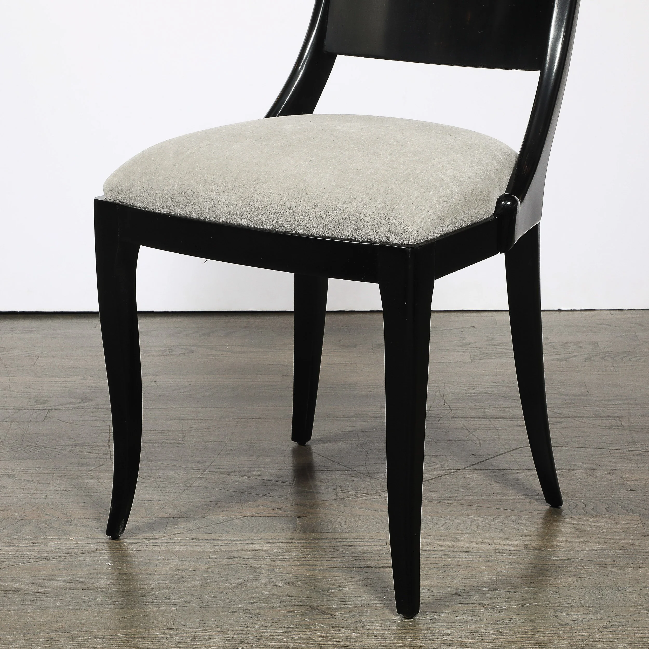 Set of Six Art Deco Sculptural Dining Chairs in Ebonized Walnut & Taupe Mohair — image 4