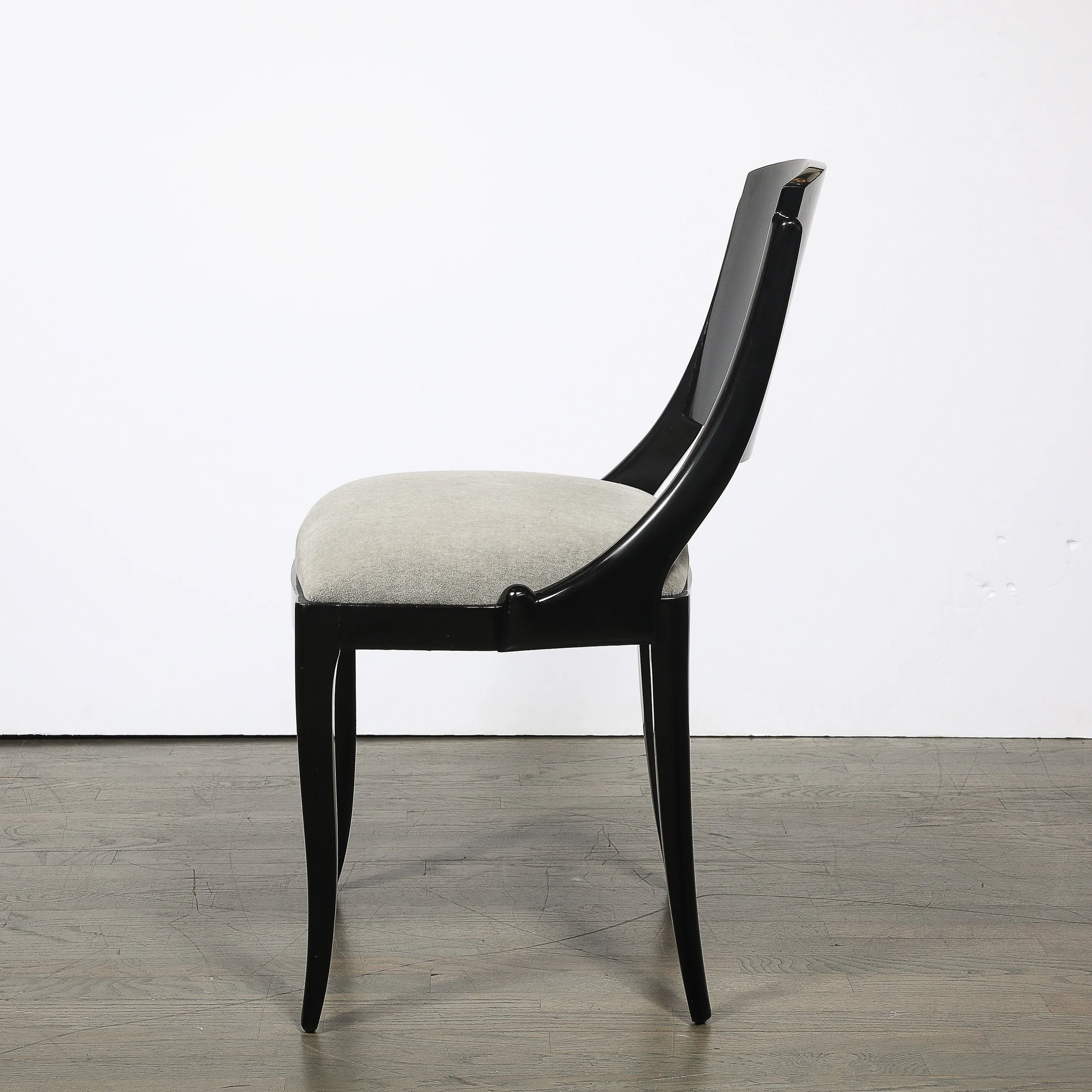 Set of Six Art Deco Sculptural Dining Chairs in Ebonized Walnut & Taupe Mohair — image 7