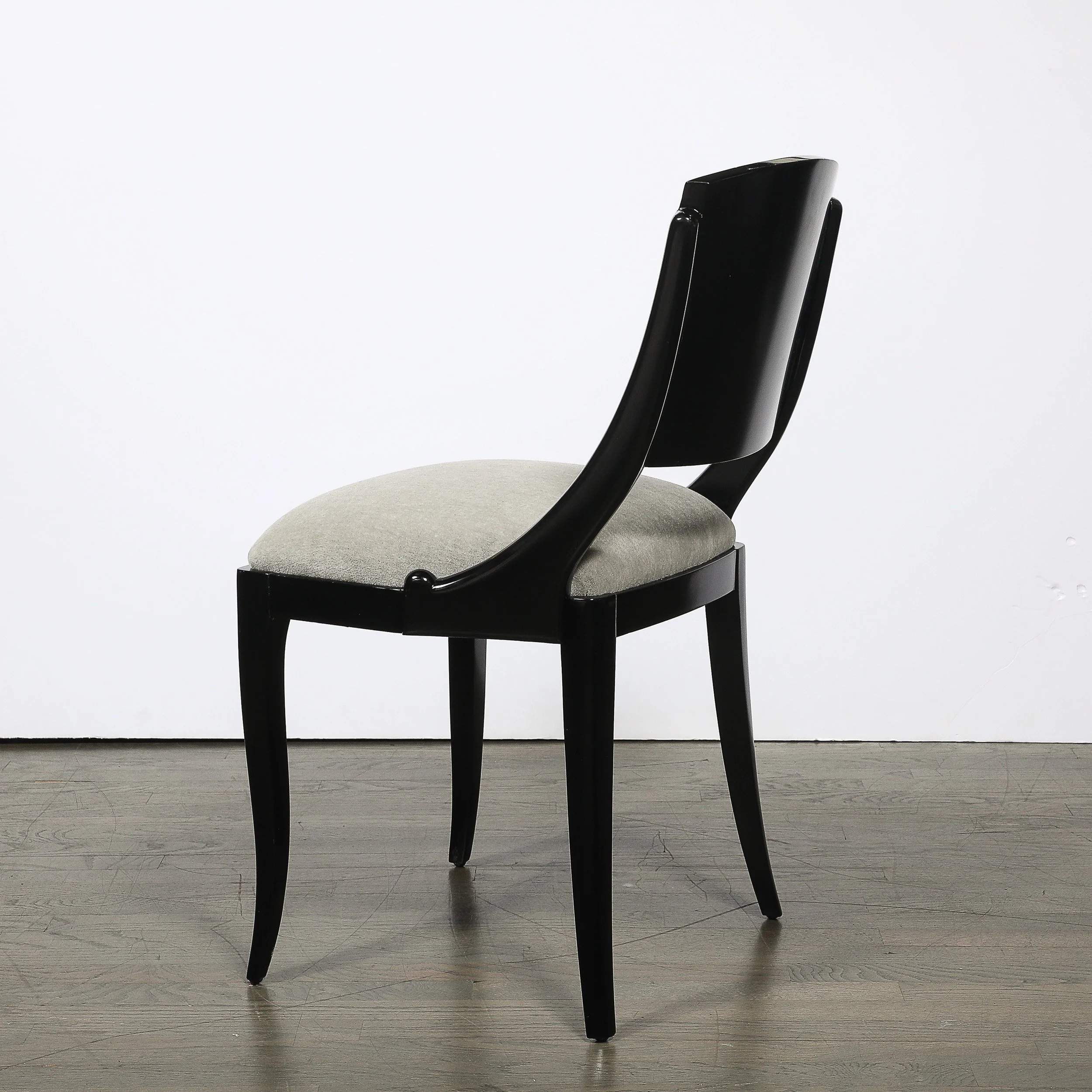 Set of Six Art Deco Sculptural Dining Chairs in Ebonized Walnut & Taupe Mohair — image 8