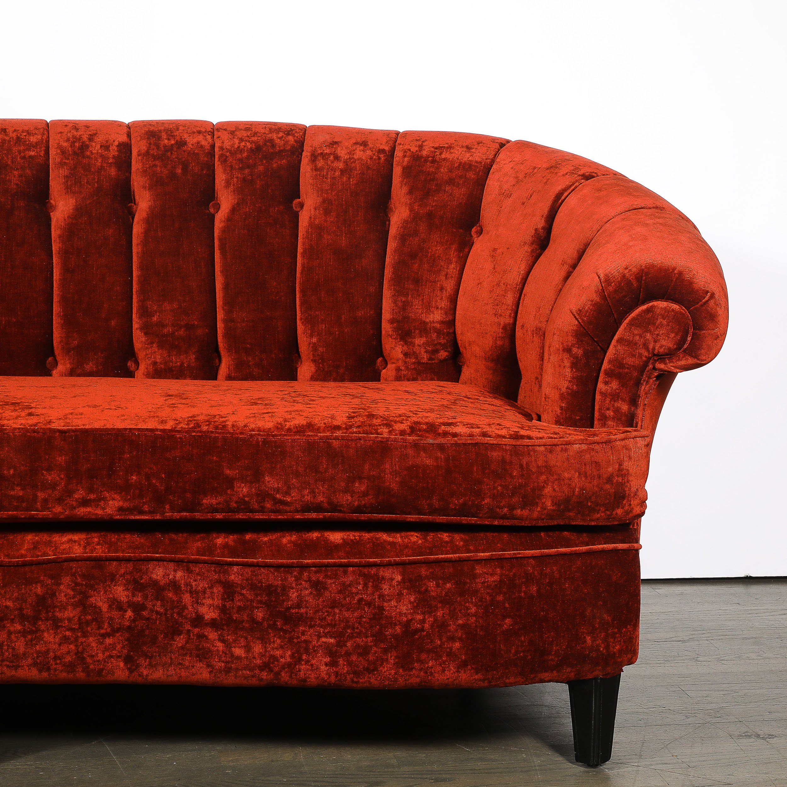 Art Deco Curved Channel-Back Scroll-Arm Sofa with Ebonized Tapered Supports — image 2