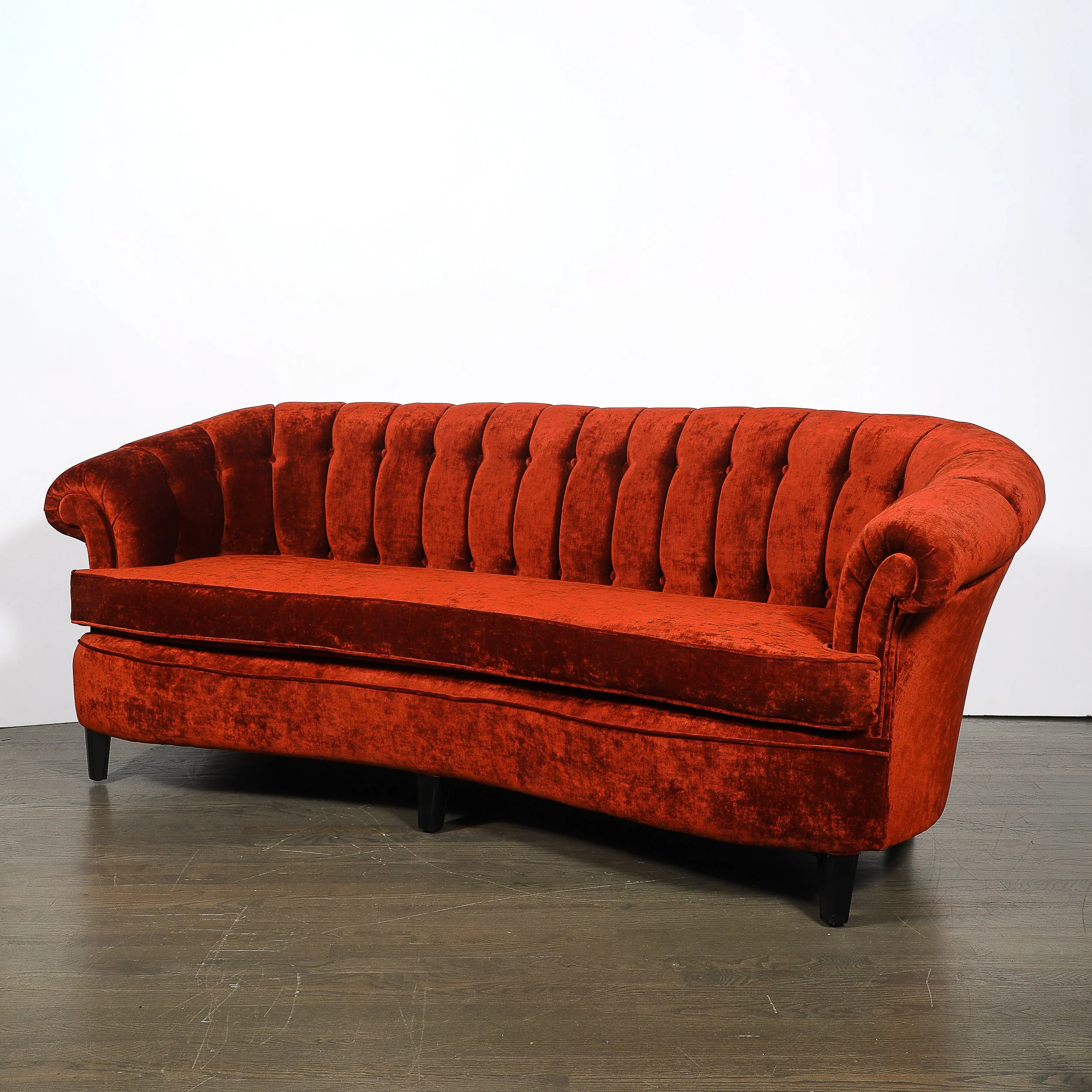 Art Deco Curved Channel-Back Scroll-Arm Sofa with Ebonized Tapered Supports — image 5
