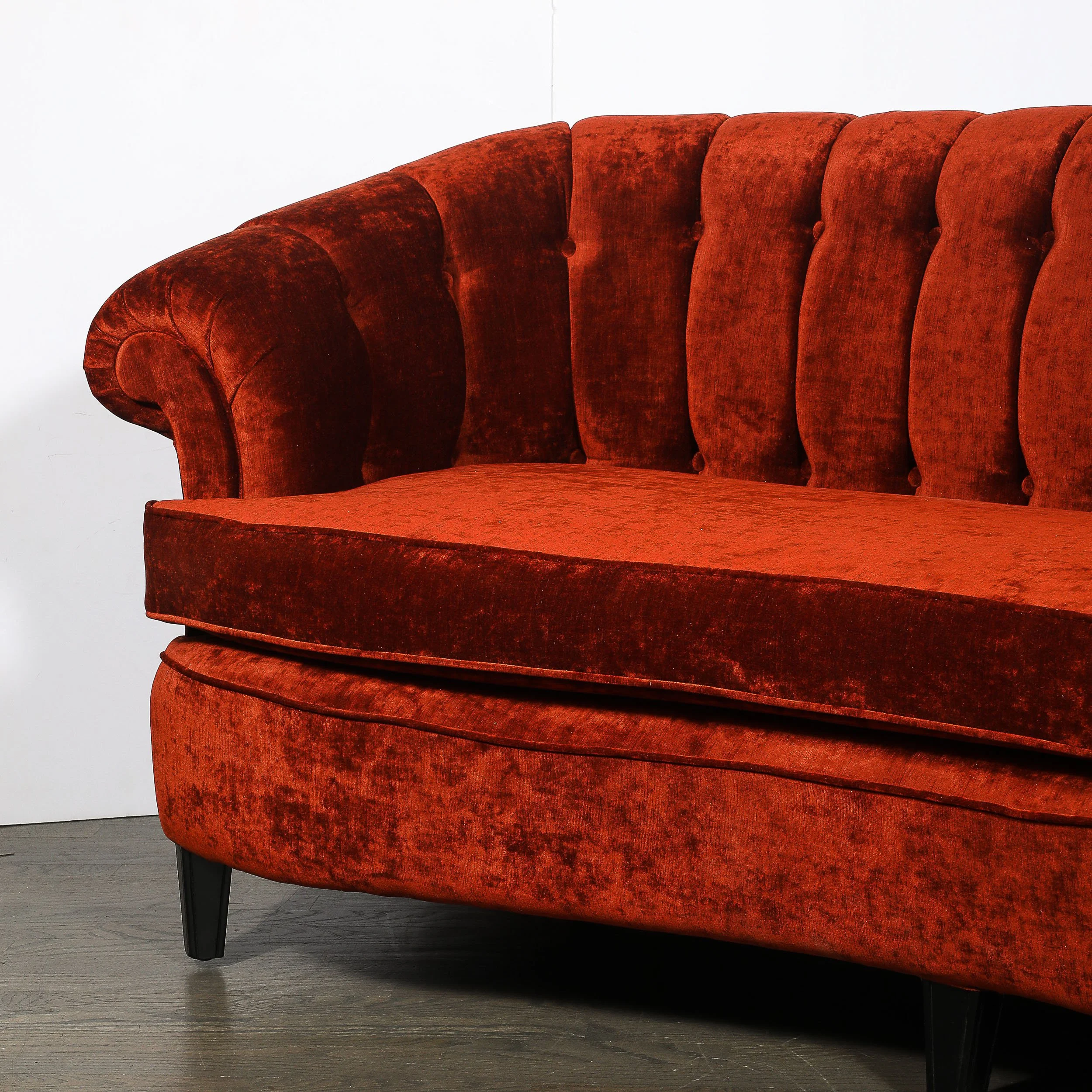 Art Deco Curved Channel-Back Scroll-Arm Sofa with Ebonized Tapered Supports — image 6