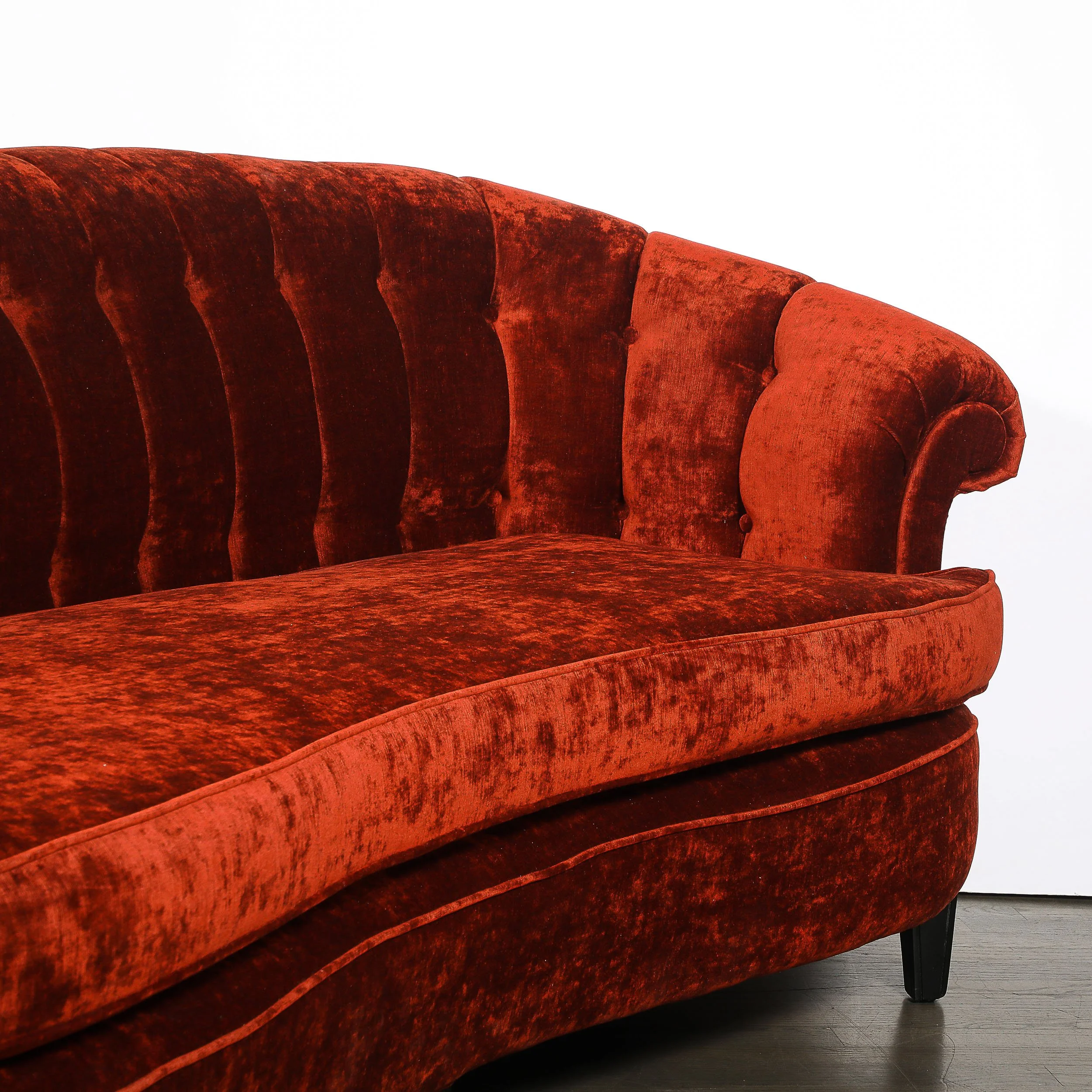 Art Deco Curved Channel-Back Scroll-Arm Sofa with Ebonized Tapered Supports — image 11