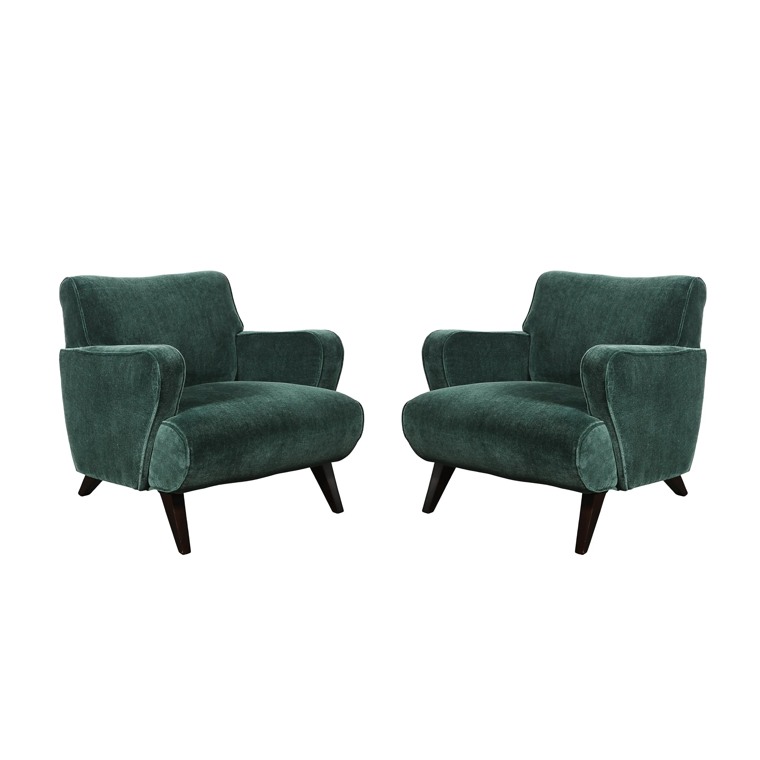 Pair of Mid-Century Curvilinear Green Mohair Lounge Chairs w/ Ebonized Supports — image 1