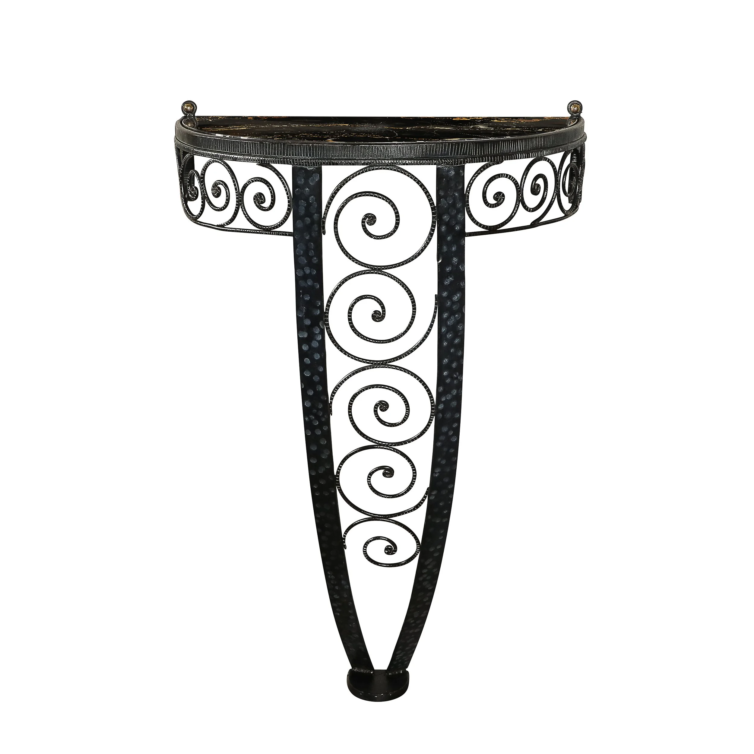 Art Deco Demilune Wrought Iron Spiral Motif & Porto Marble Inset Console Table — image 1
