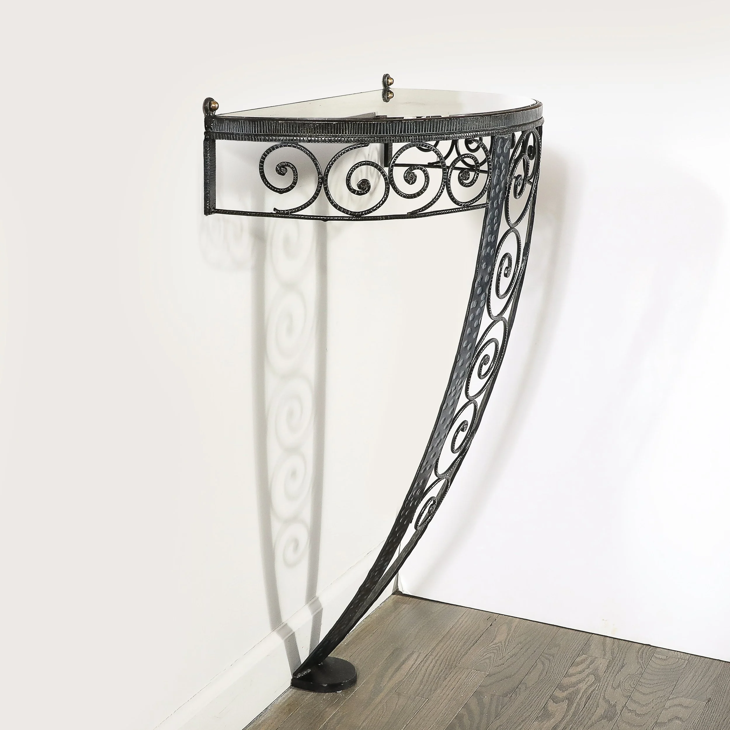 Art Deco Demilune Wrought Iron Spiral Motif & Porto Marble Inset Console Table — image 2