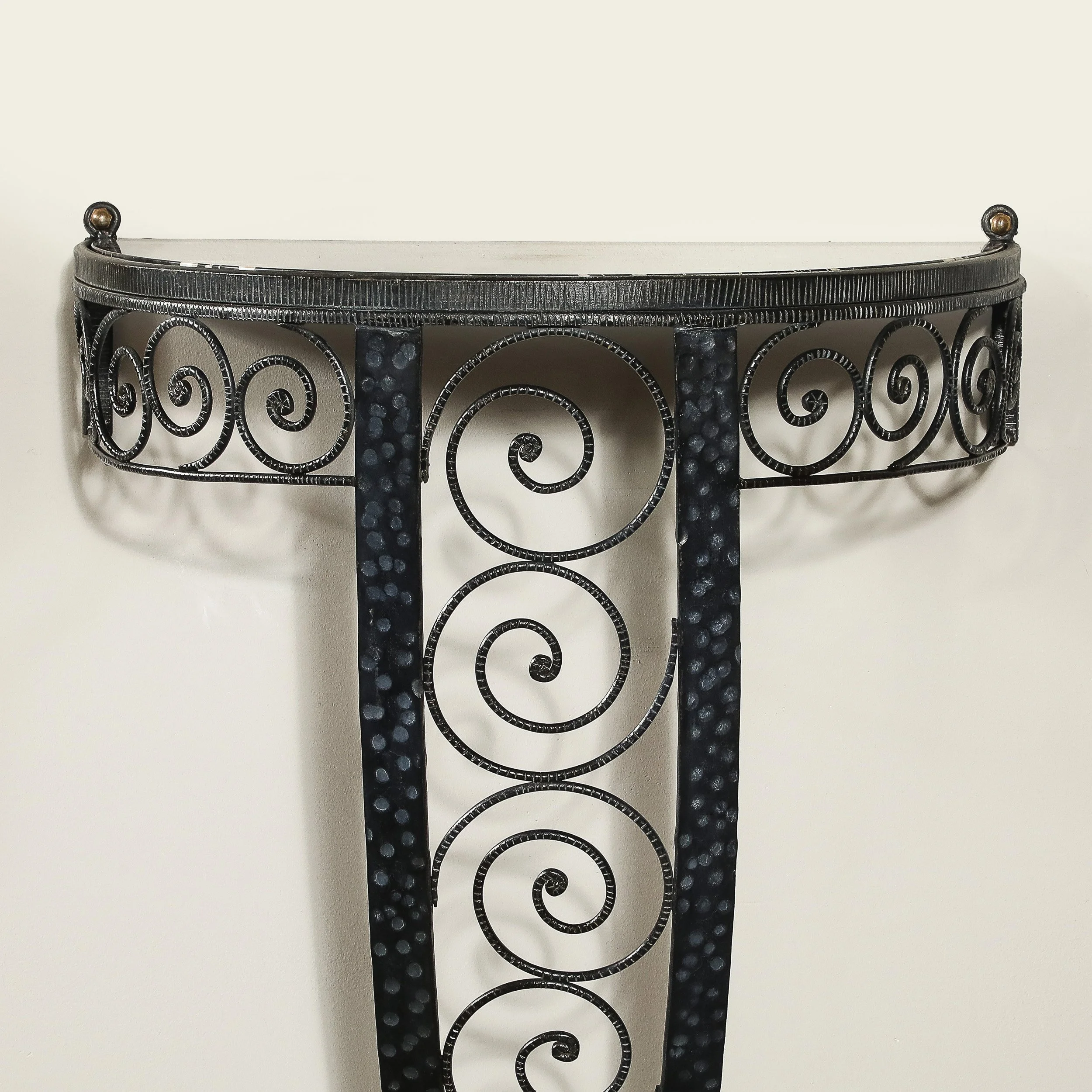 Art Deco Demilune Wrought Iron Spiral Motif & Porto Marble Inset Console Table — image 3