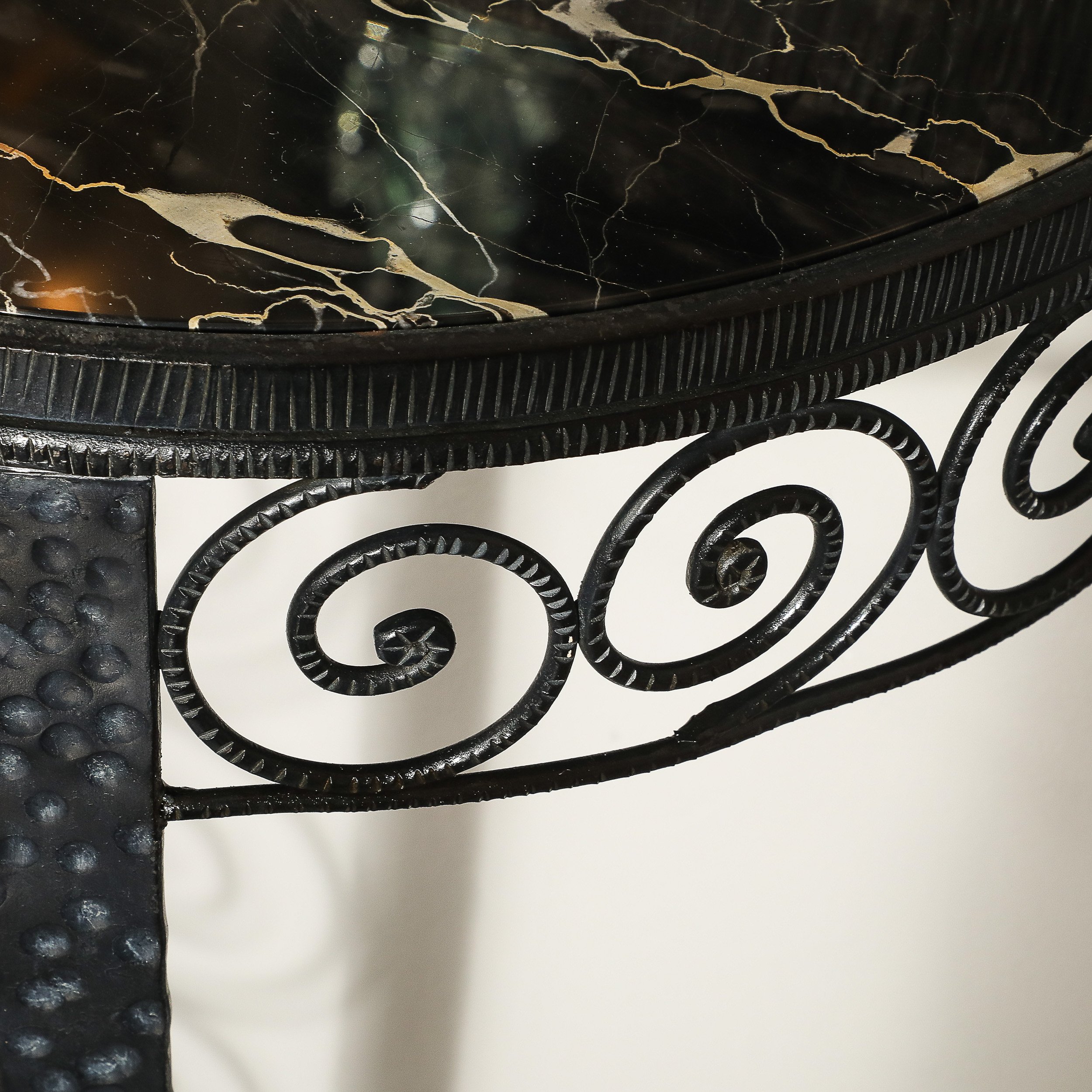Art Deco Demilune Wrought Iron Spiral Motif & Porto Marble Inset Console Table — image 7