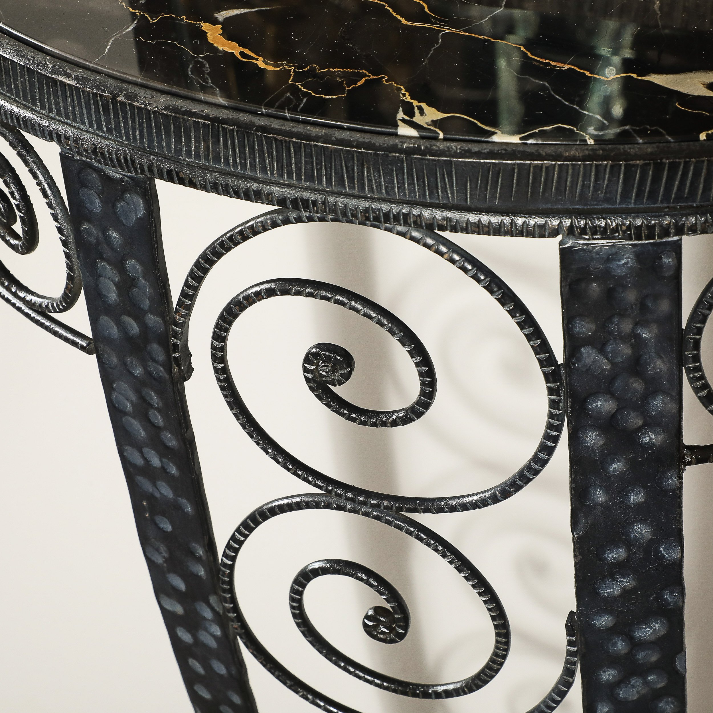 Art Deco Demilune Wrought Iron Spiral Motif & Porto Marble Inset Console Table — image 9