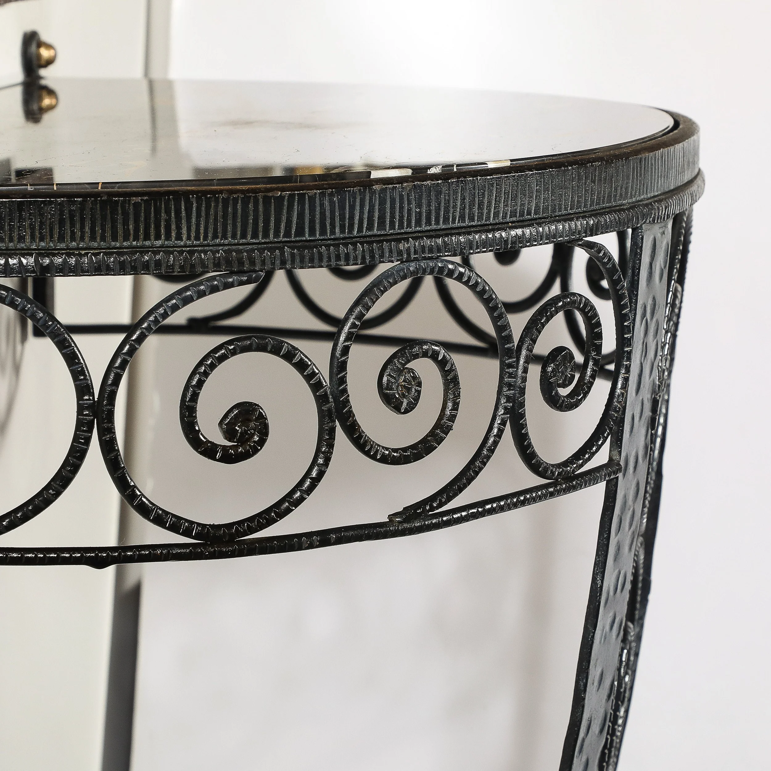 Art Deco Demilune Wrought Iron Spiral Motif & Porto Marble Inset Console Table — image 11