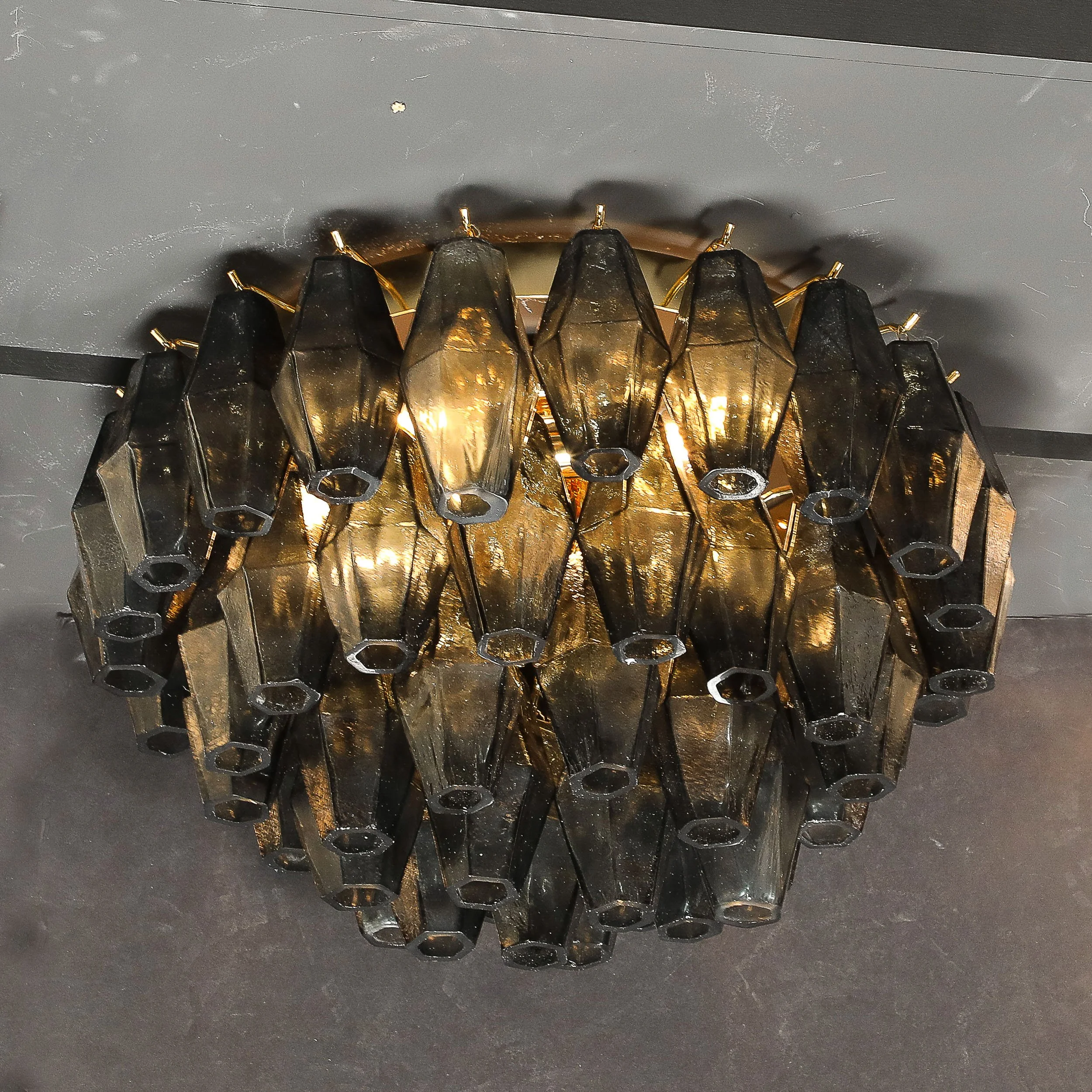 Modernist Handblown Murano Smoked Glass Polyhedral Flush Mount w/ Brass Fittings — image 4