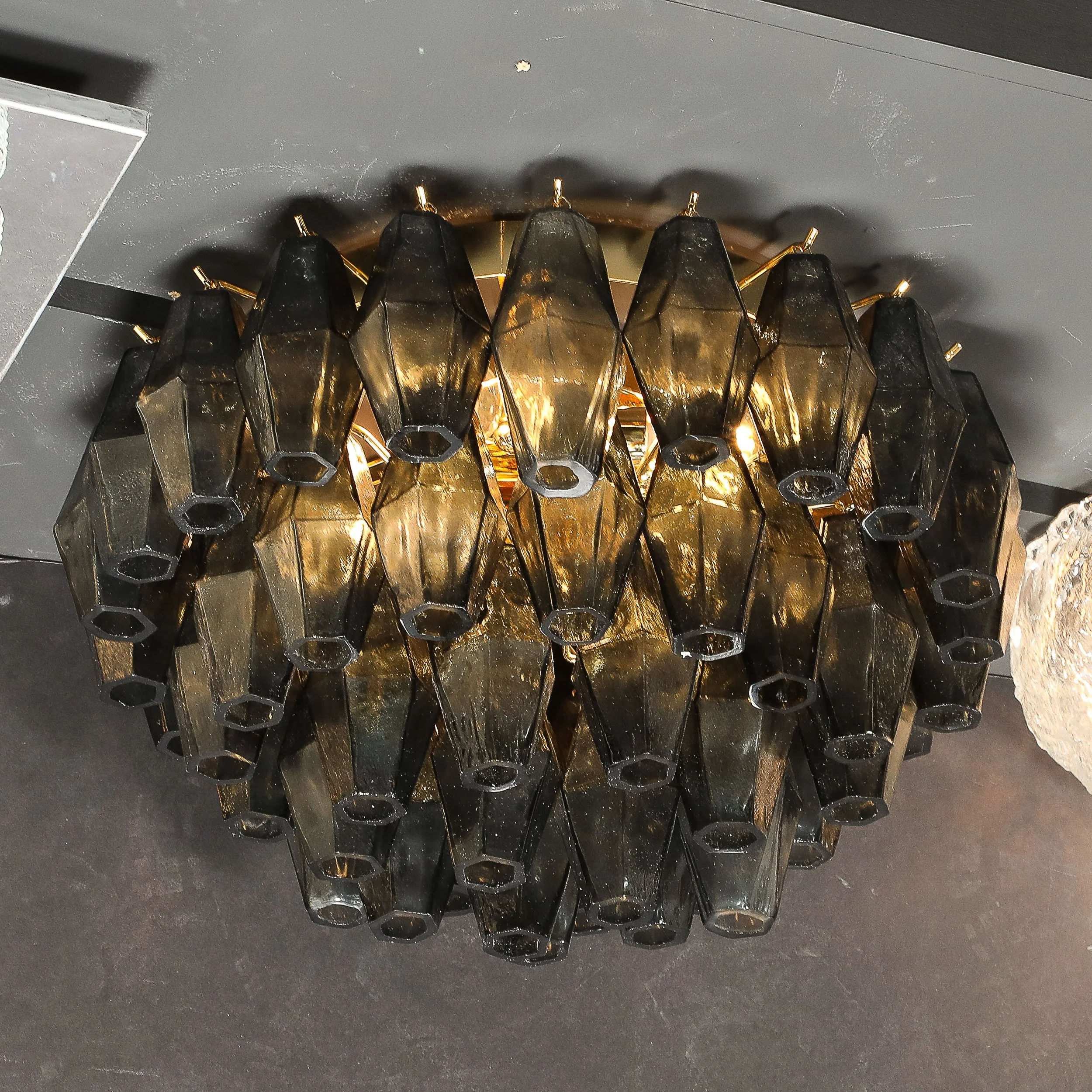 Modernist Handblown Murano Smoked Glass Polyhedral Flush Mount w/ Brass Fittings — image 5