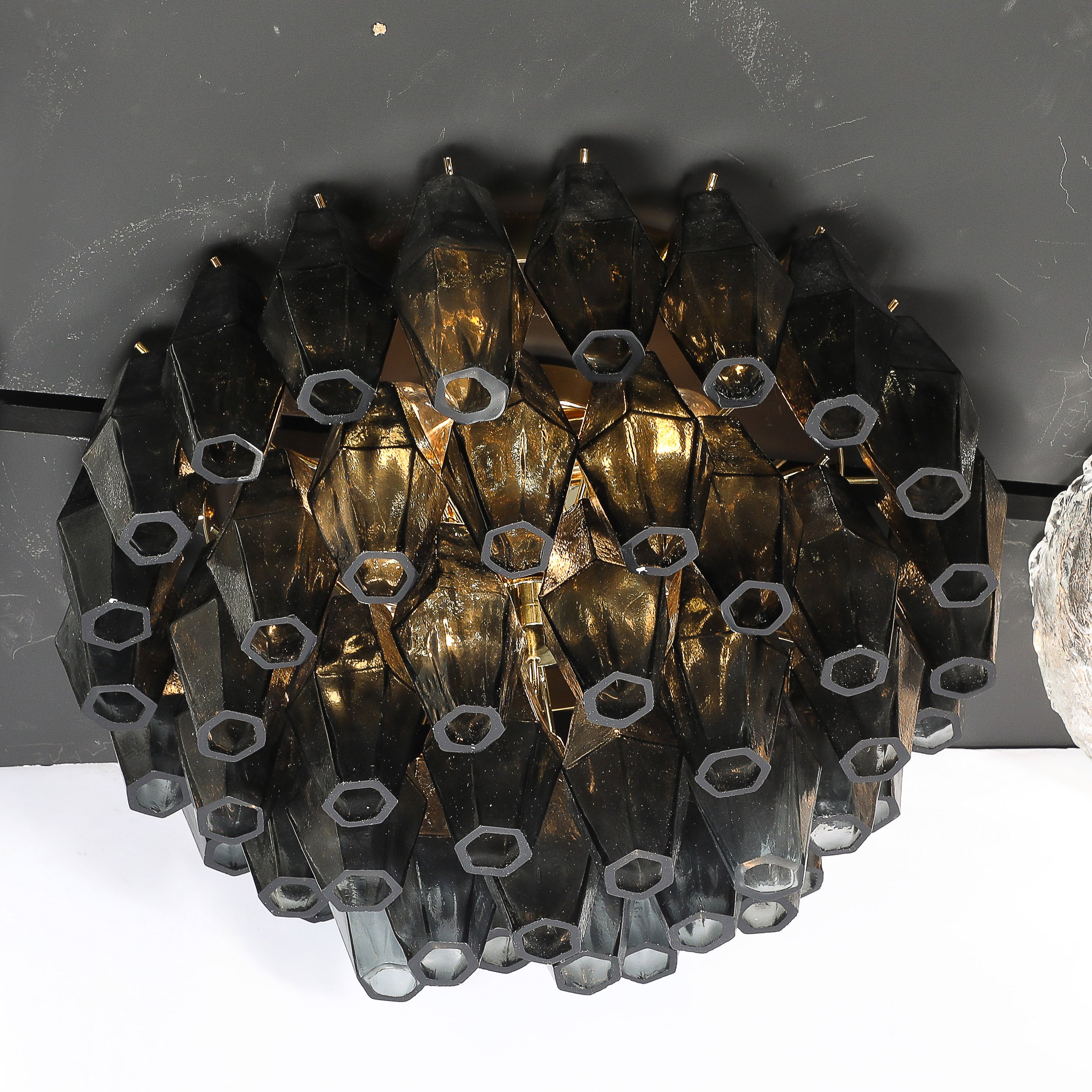 Modernist Handblown Murano Smoked Glass Polyhedral Flush Mount w/ Brass Fittings — image 6
