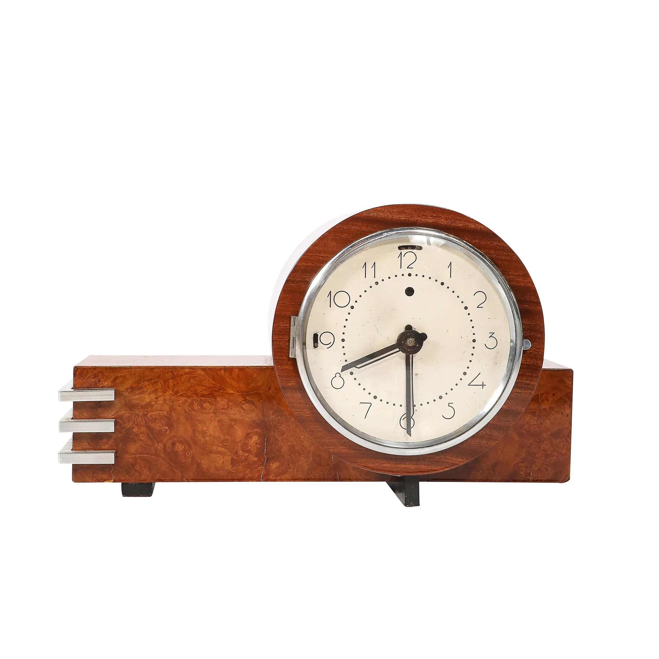 Art Deco Machine Age Burled Walnut with Aluminum Banded Detail Electric Clock — image 1