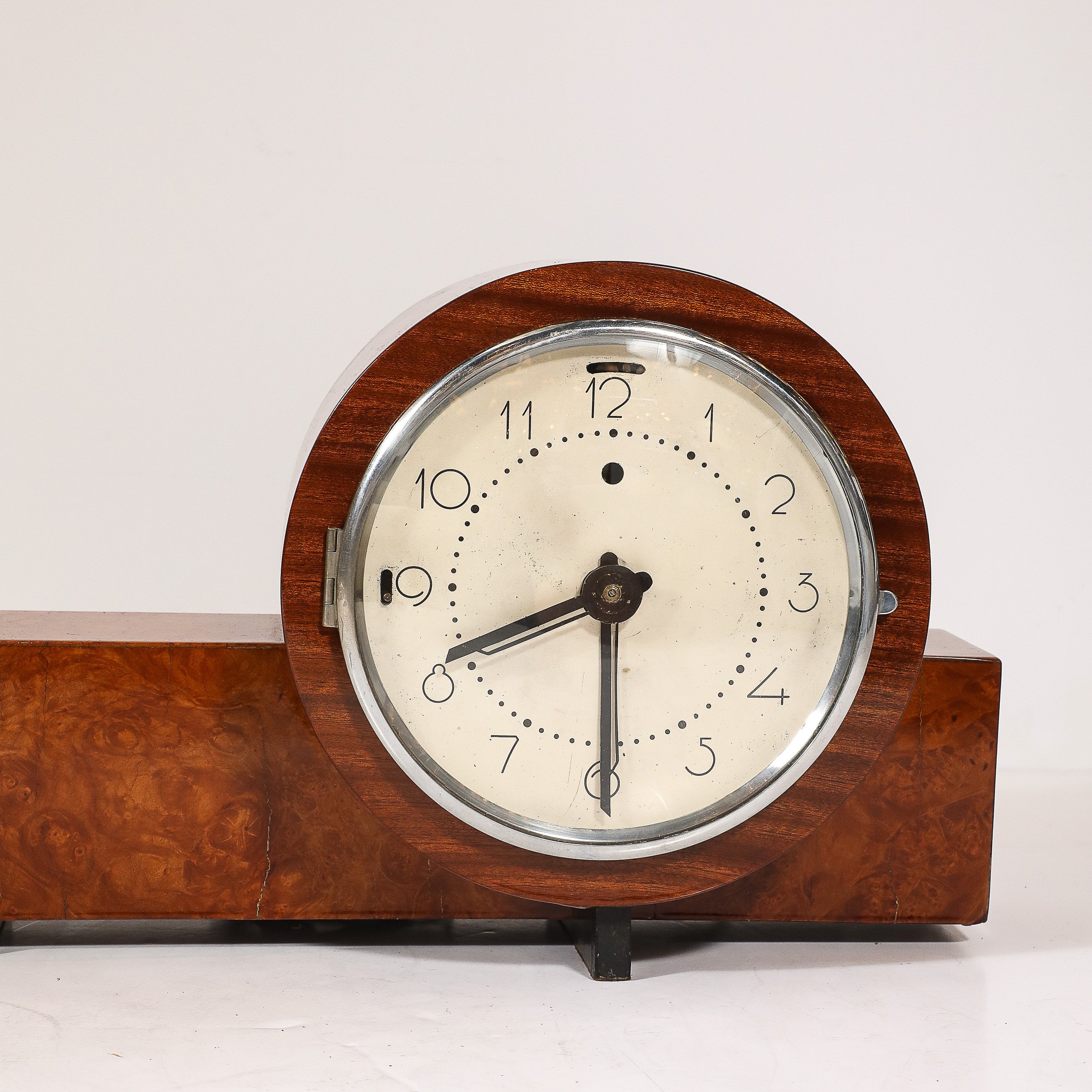 Art Deco Machine Age Burled Walnut with Aluminum Banded Detail Electric Clock — image 2