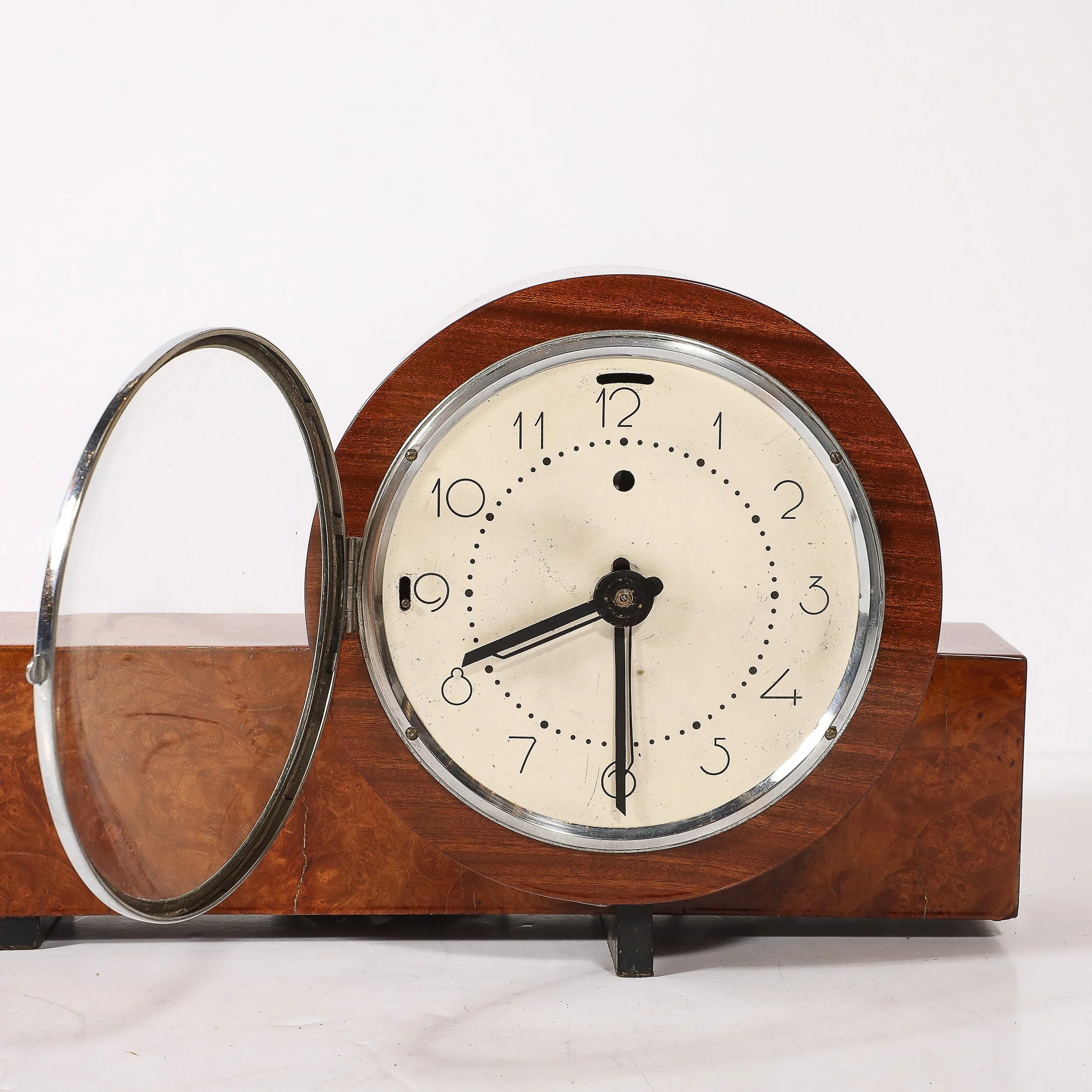 Art Deco Machine Age Burled Walnut with Aluminum Banded Detail Electric Clock — image 3