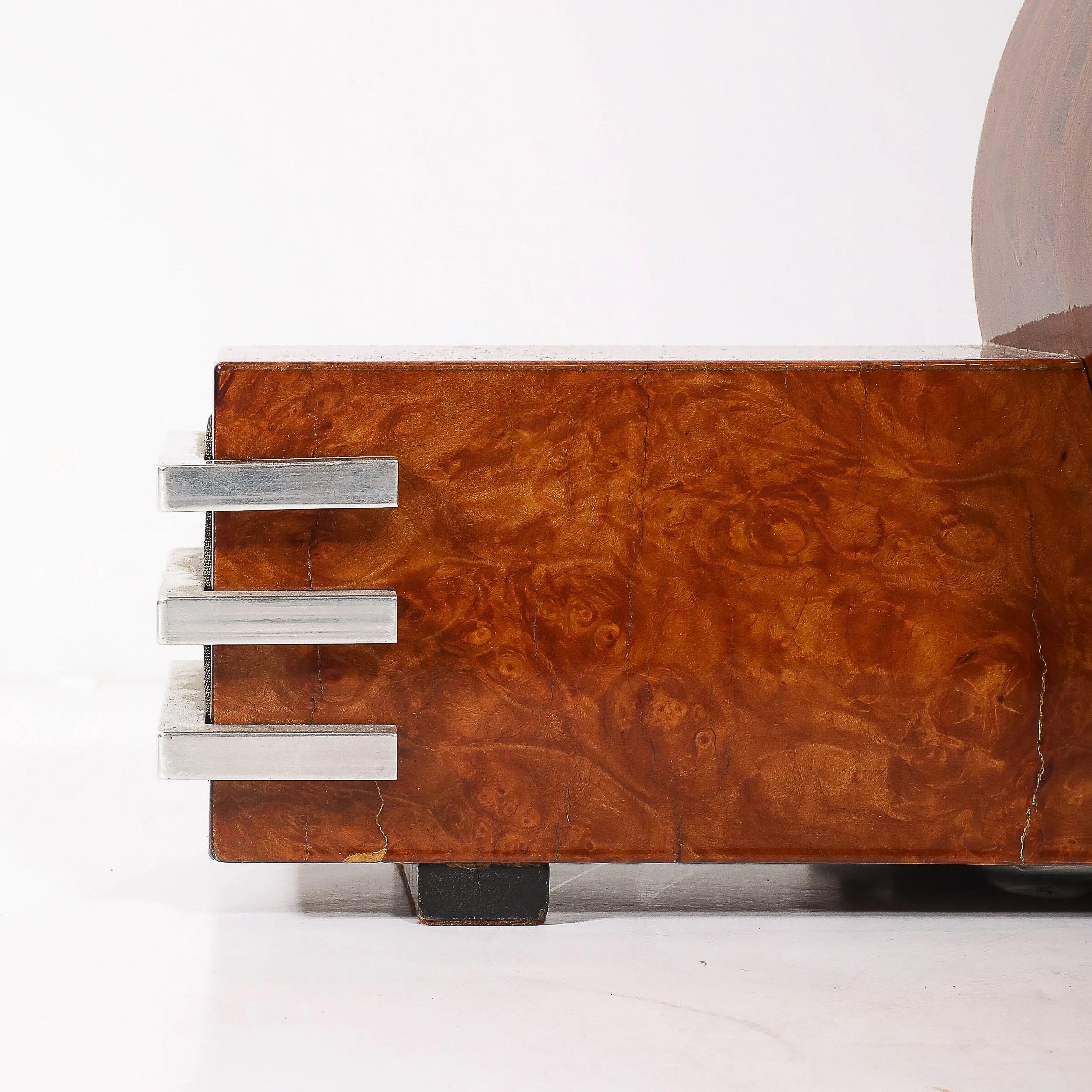 Art Deco Machine Age Burled Walnut with Aluminum Banded Detail Electric Clock — image 4
