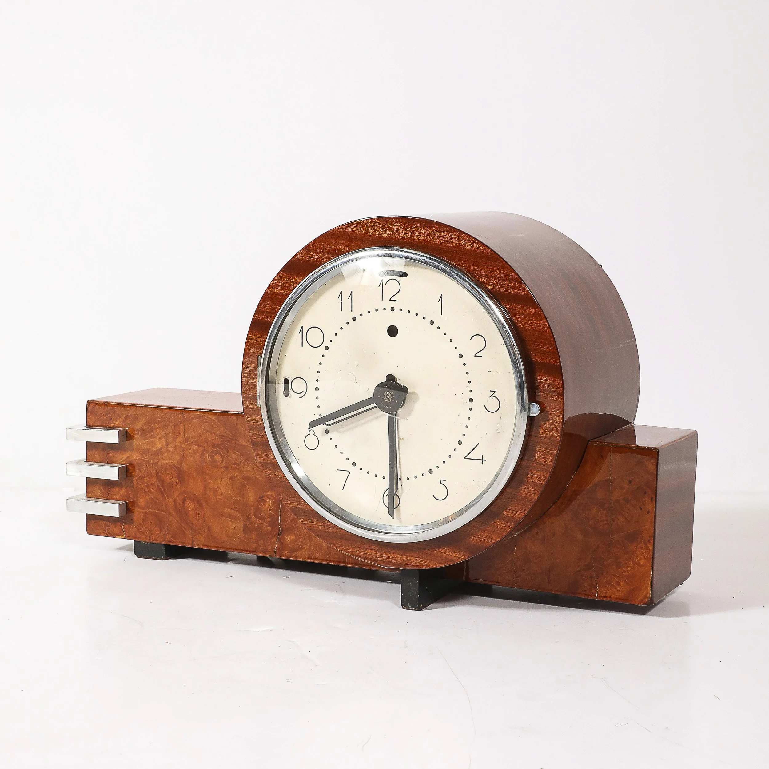 Art Deco Machine Age Burled Walnut with Aluminum Banded Detail Electric Clock — image 5