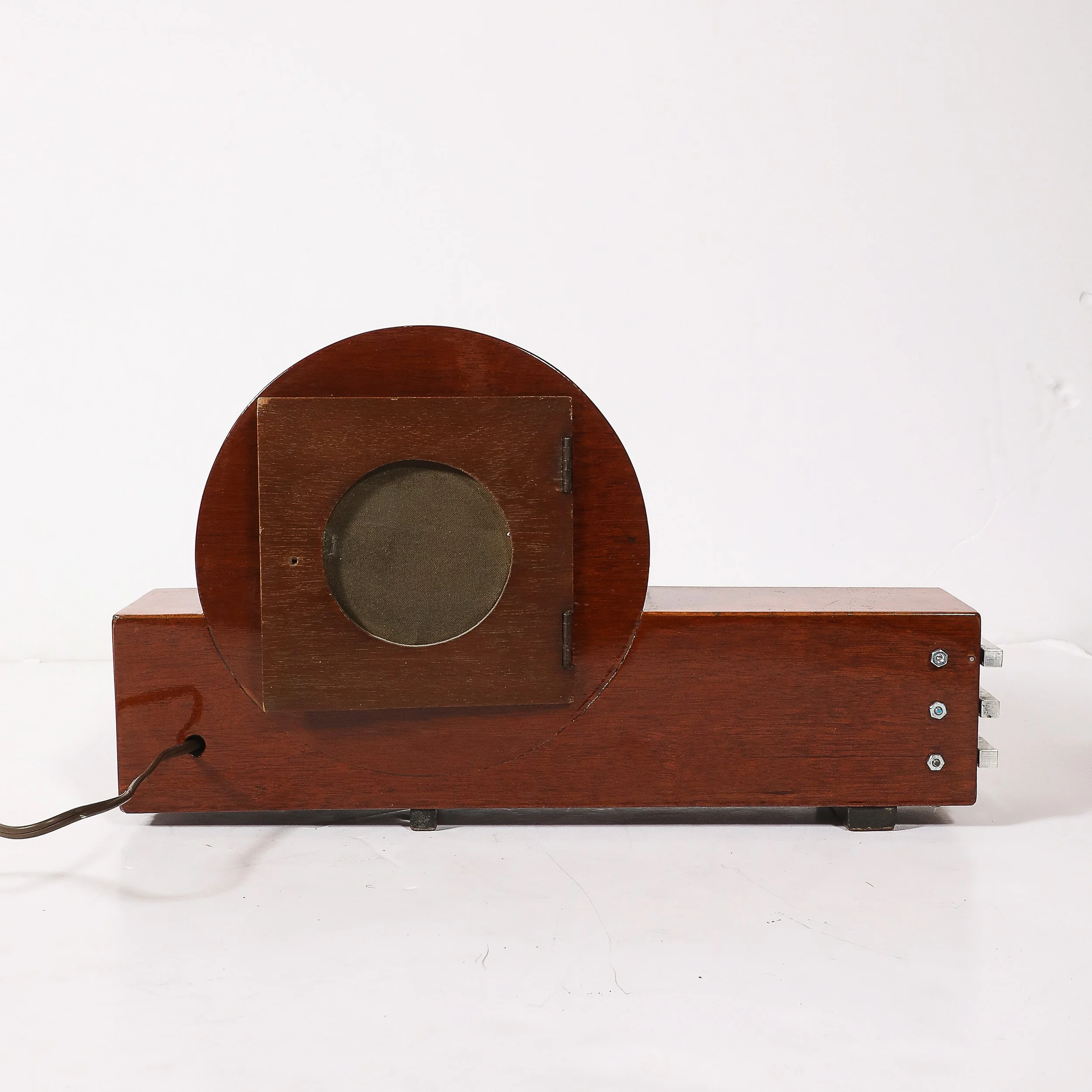 Art Deco Machine Age Burled Walnut with Aluminum Banded Detail Electric Clock — image 7