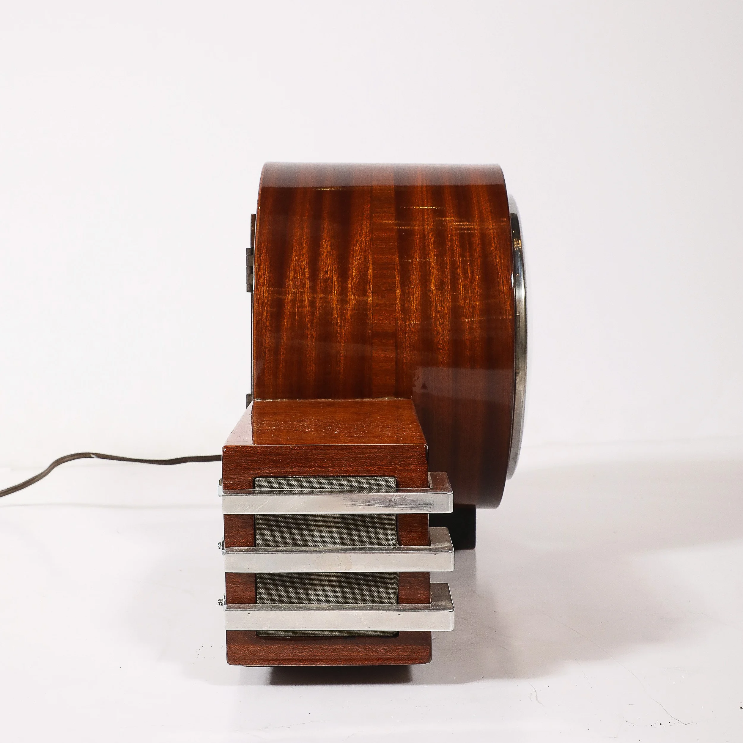 Art Deco Machine Age Burled Walnut with Aluminum Banded Detail Electric Clock — image 9