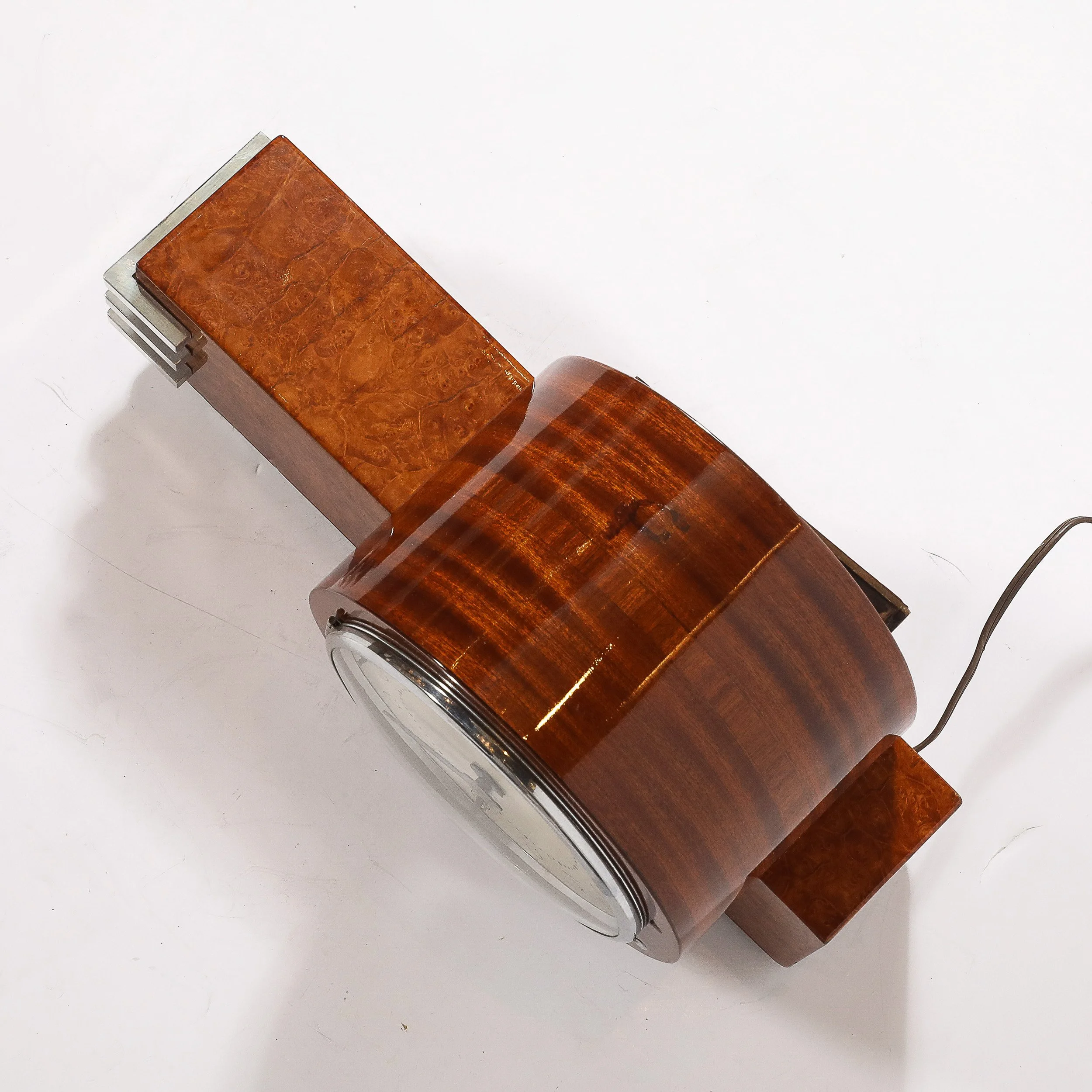 Art Deco Machine Age Burled Walnut with Aluminum Banded Detail Electric Clock — image 10
