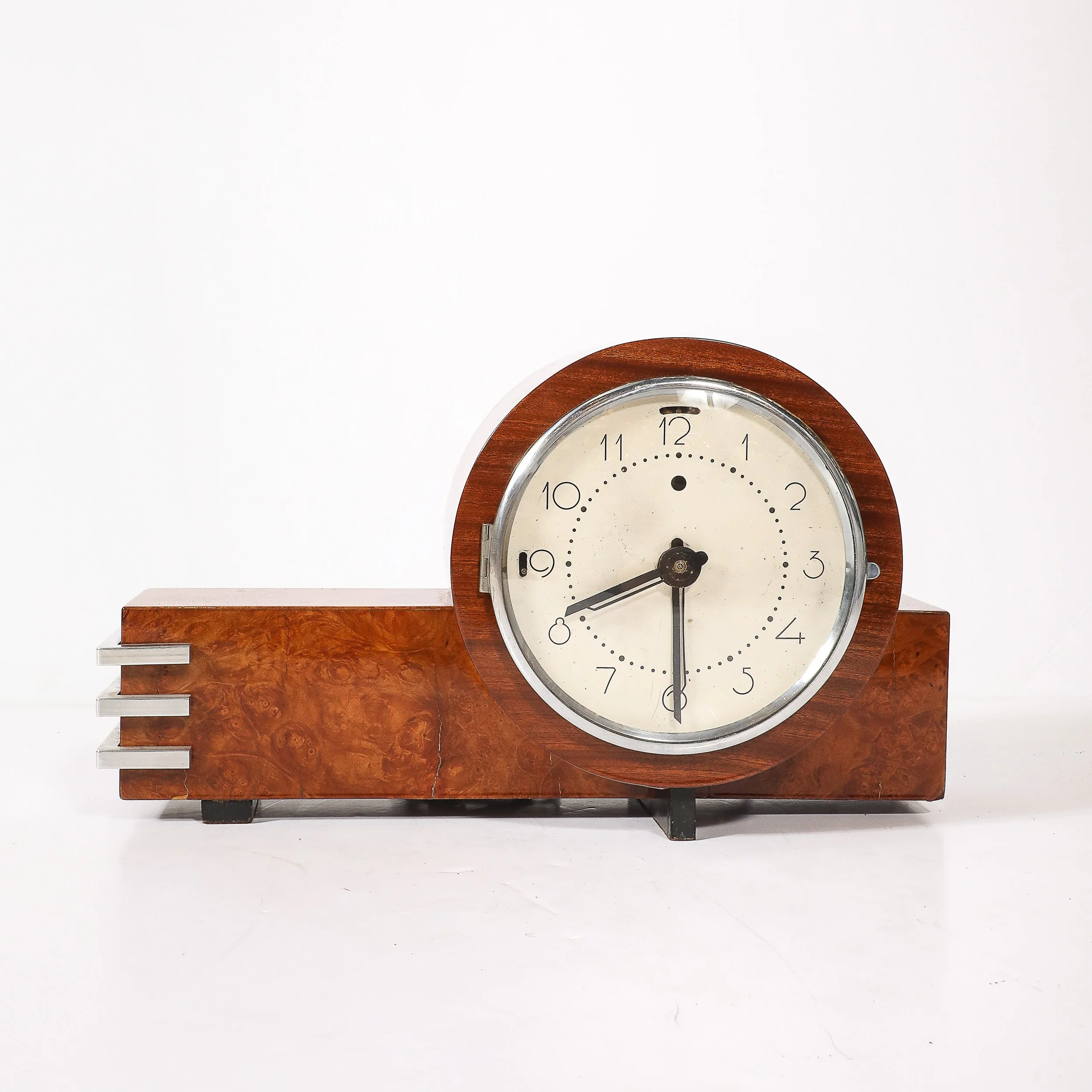 Art Deco Machine Age Burled Walnut with Aluminum Banded Detail Electric Clock — image 11
