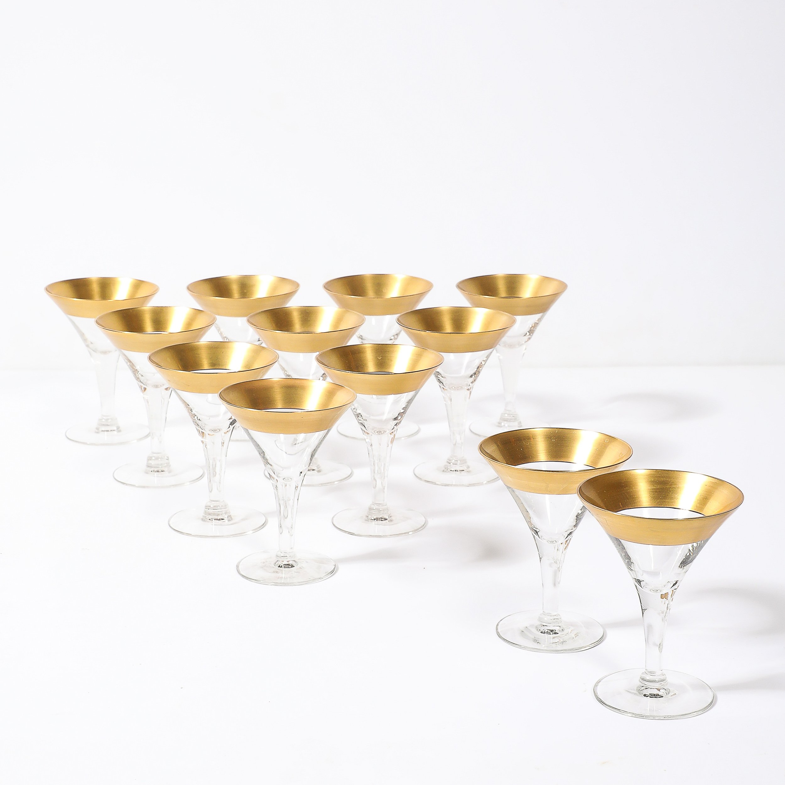 Set of 12 Mid-Century Modernist Gilt Rimmed Coupe Glasses By Dorothy Thorpe — image 3