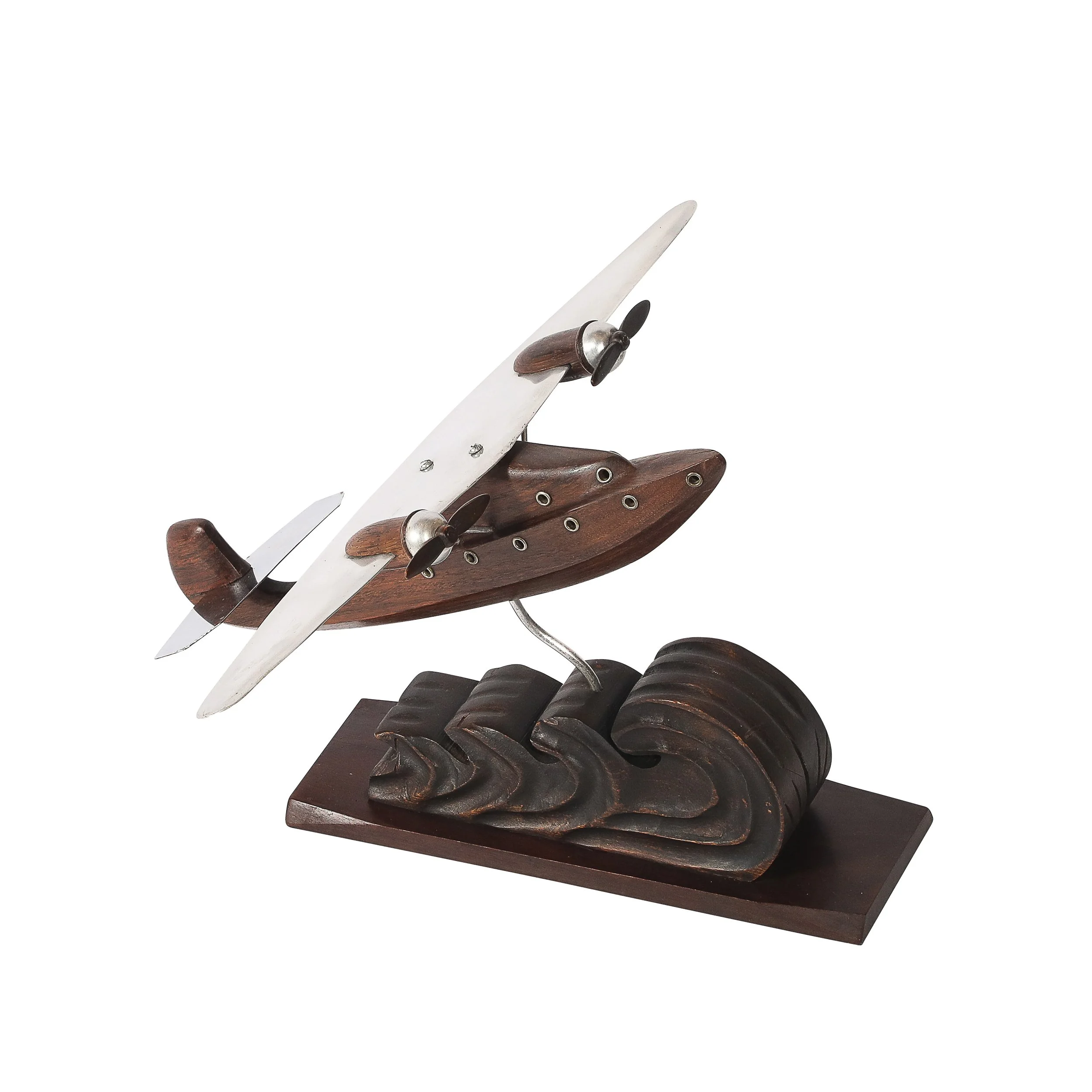Art Deco Anthoine Art Bois Carved Wood and Metal Seaplane Model on Stand — image 1