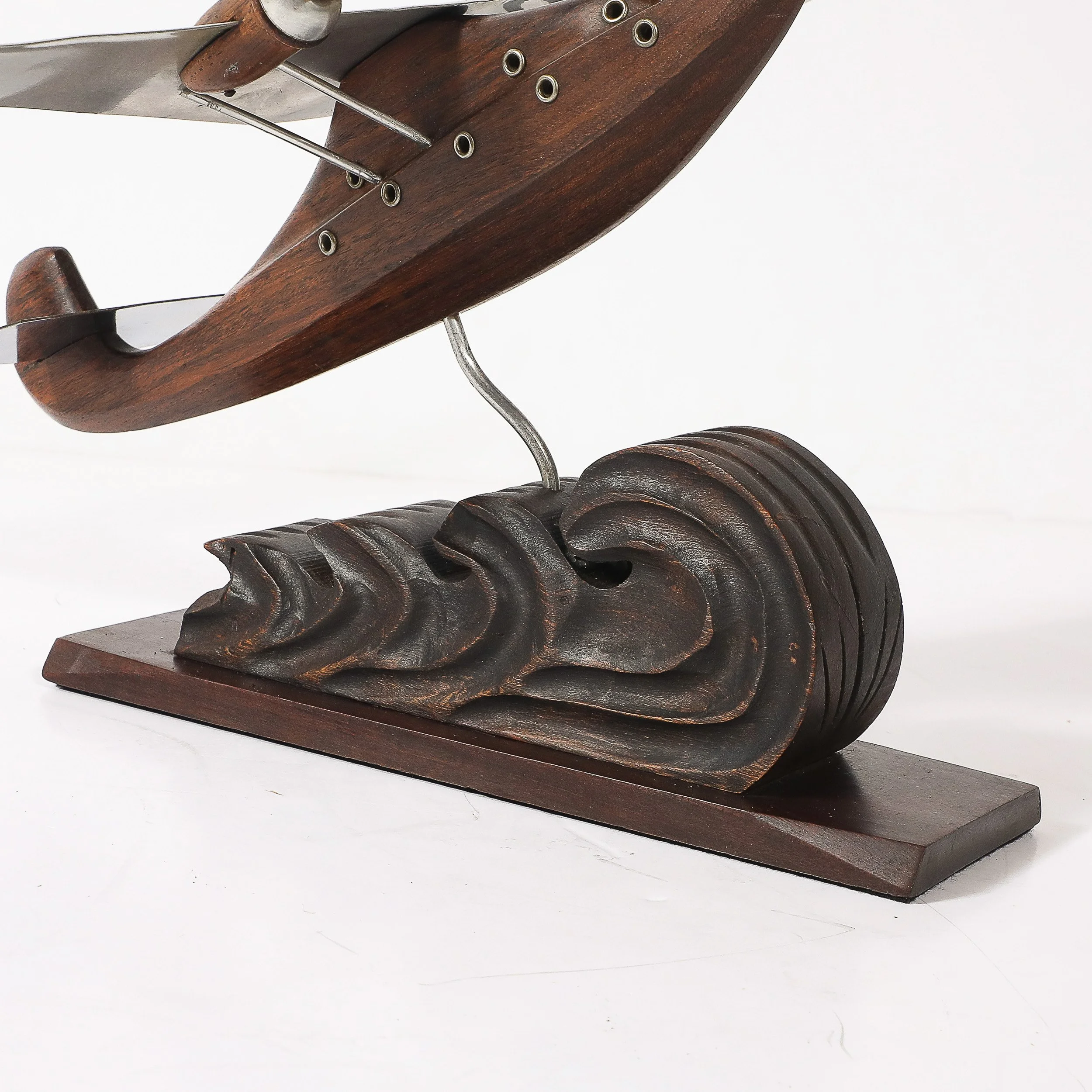 Art Deco Anthoine Art Bois Carved Wood and Metal Seaplane Model on Stand — image 2