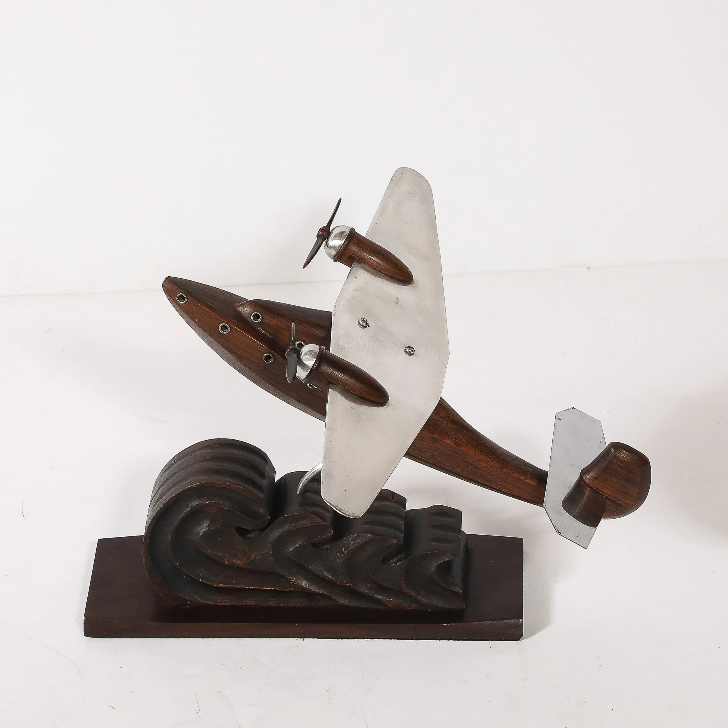 Art Deco Anthoine Art Bois Carved Wood and Metal Seaplane Model on Stand — image 3