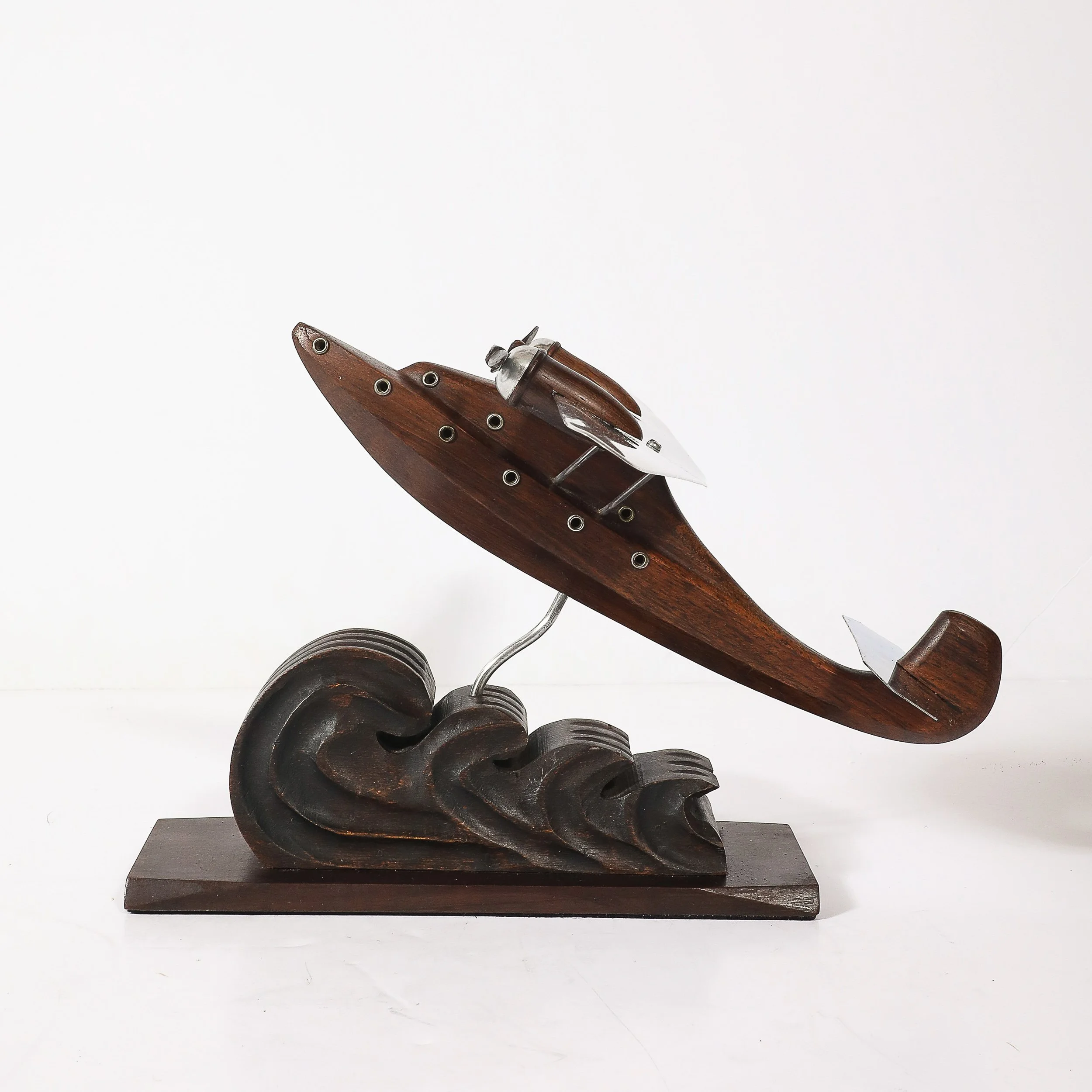 Art Deco Anthoine Art Bois Carved Wood and Metal Seaplane Model on Stand — image 4