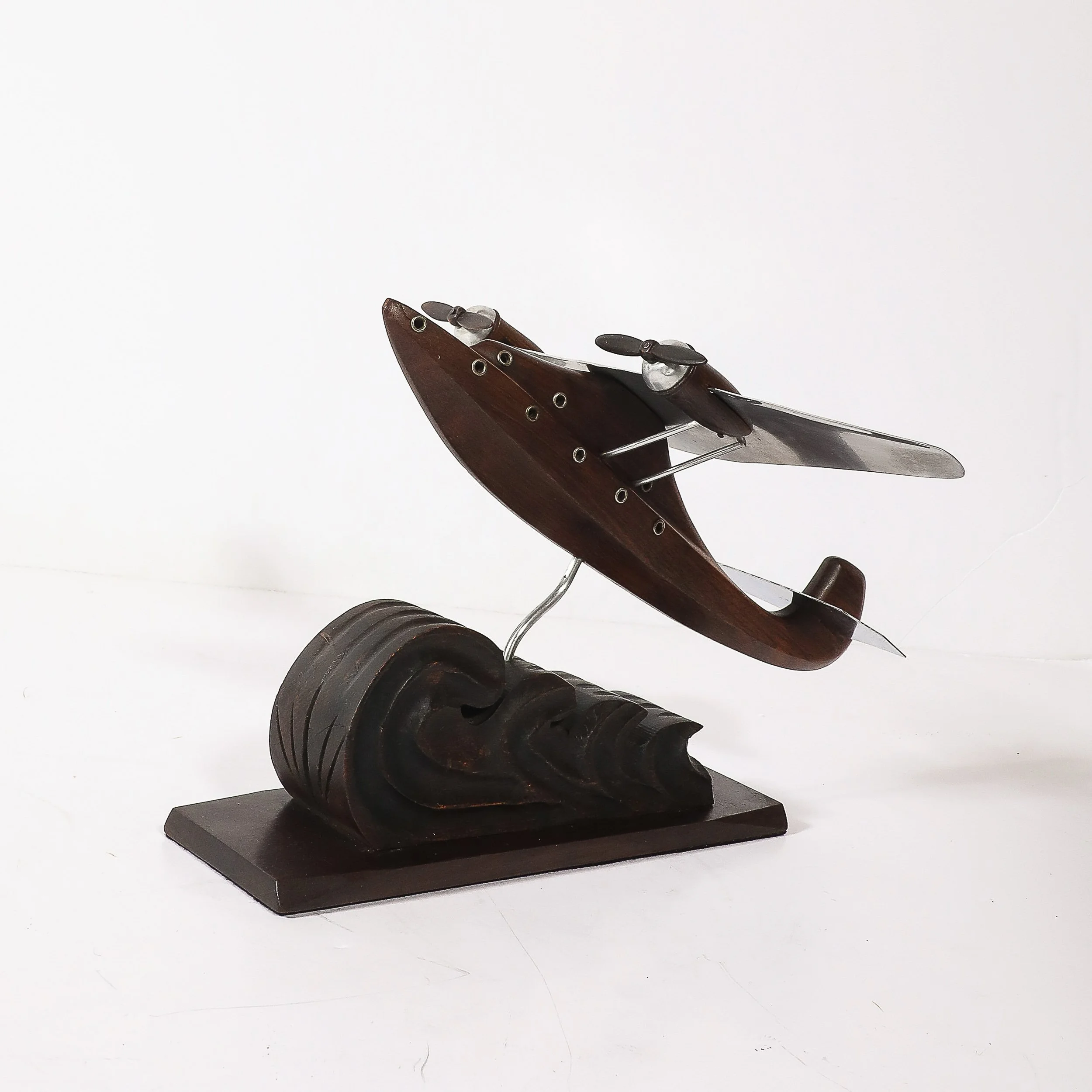 Art Deco Anthoine Art Bois Carved Wood and Metal Seaplane Model on Stand — image 5