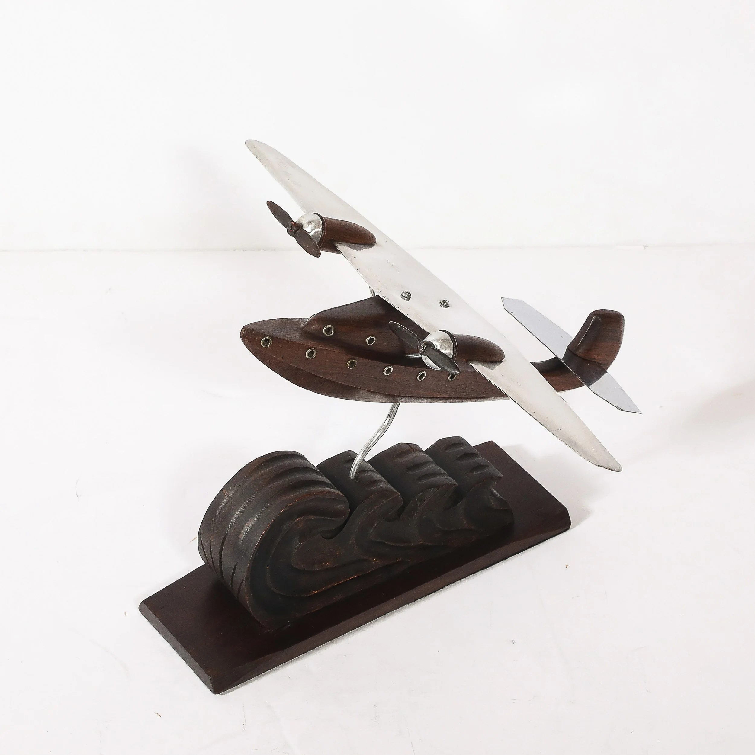 Art Deco Anthoine Art Bois Carved Wood and Metal Seaplane Model on Stand — image 7