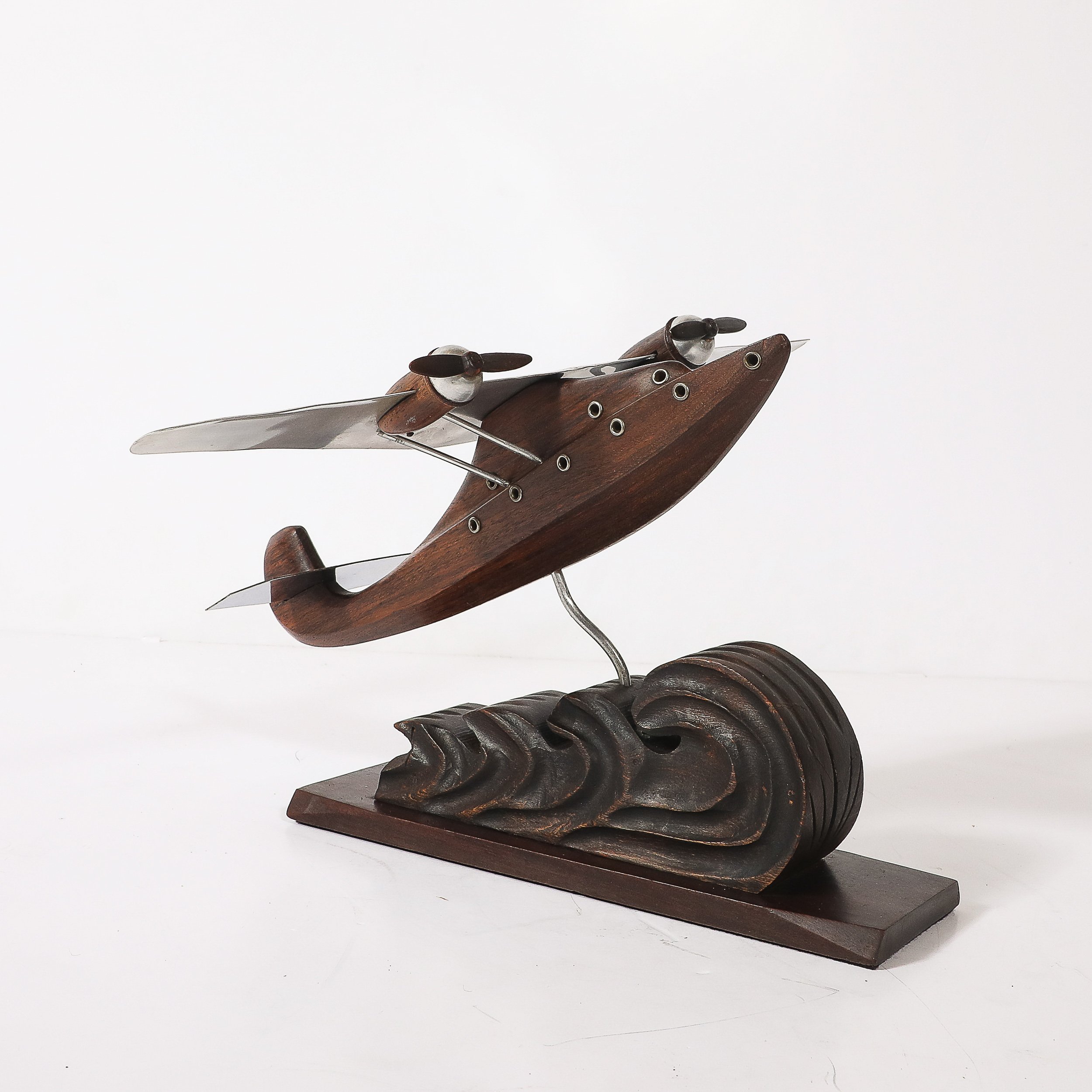 Art Deco Anthoine Art Bois Carved Wood and Metal Seaplane Model on Stand — image 9