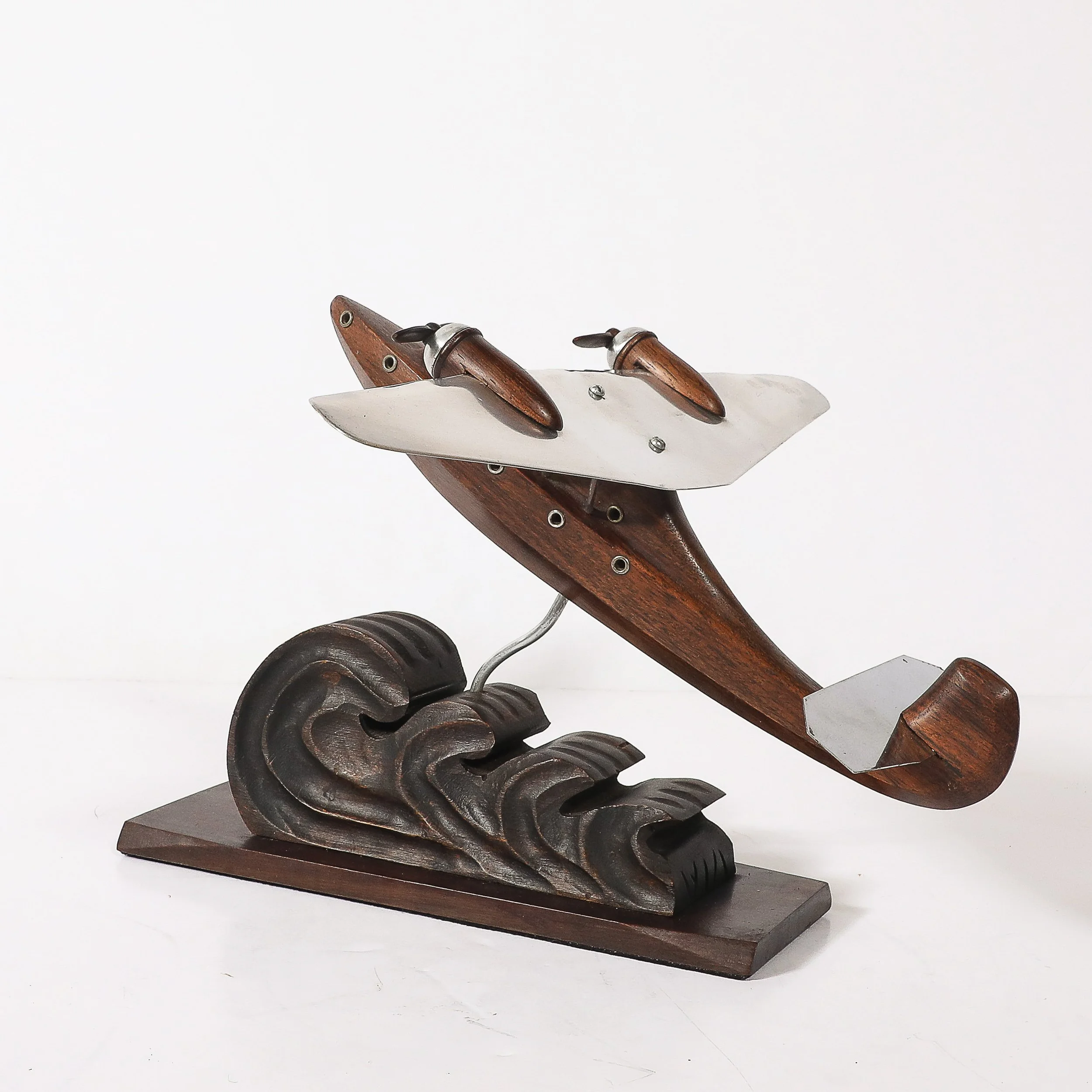 Art Deco Anthoine Art Bois Carved Wood and Metal Seaplane Model on Stand — image 10