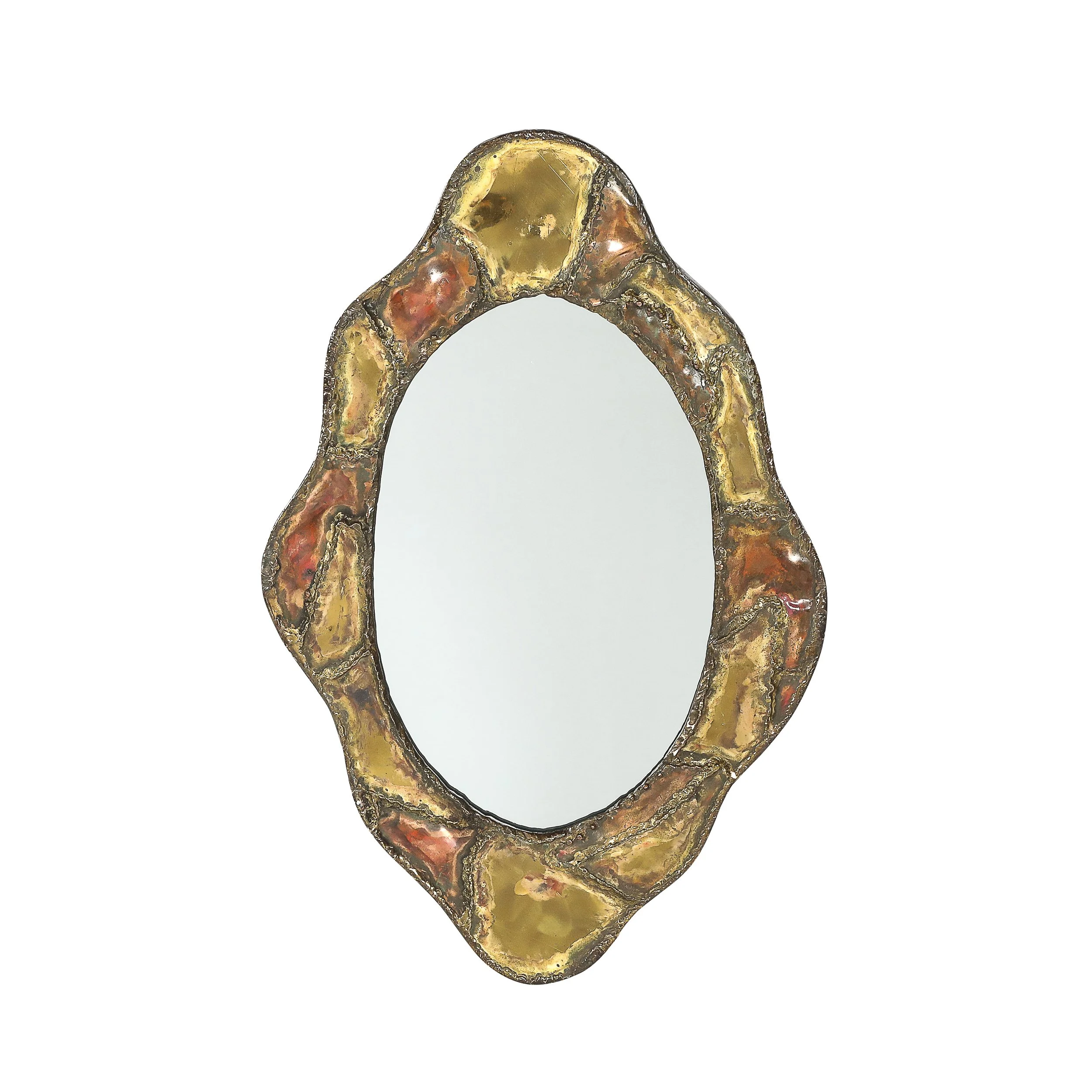 Mid-Century Brutalist Textural Welded Brass & Copper Bordered Signed Mirror — image 1