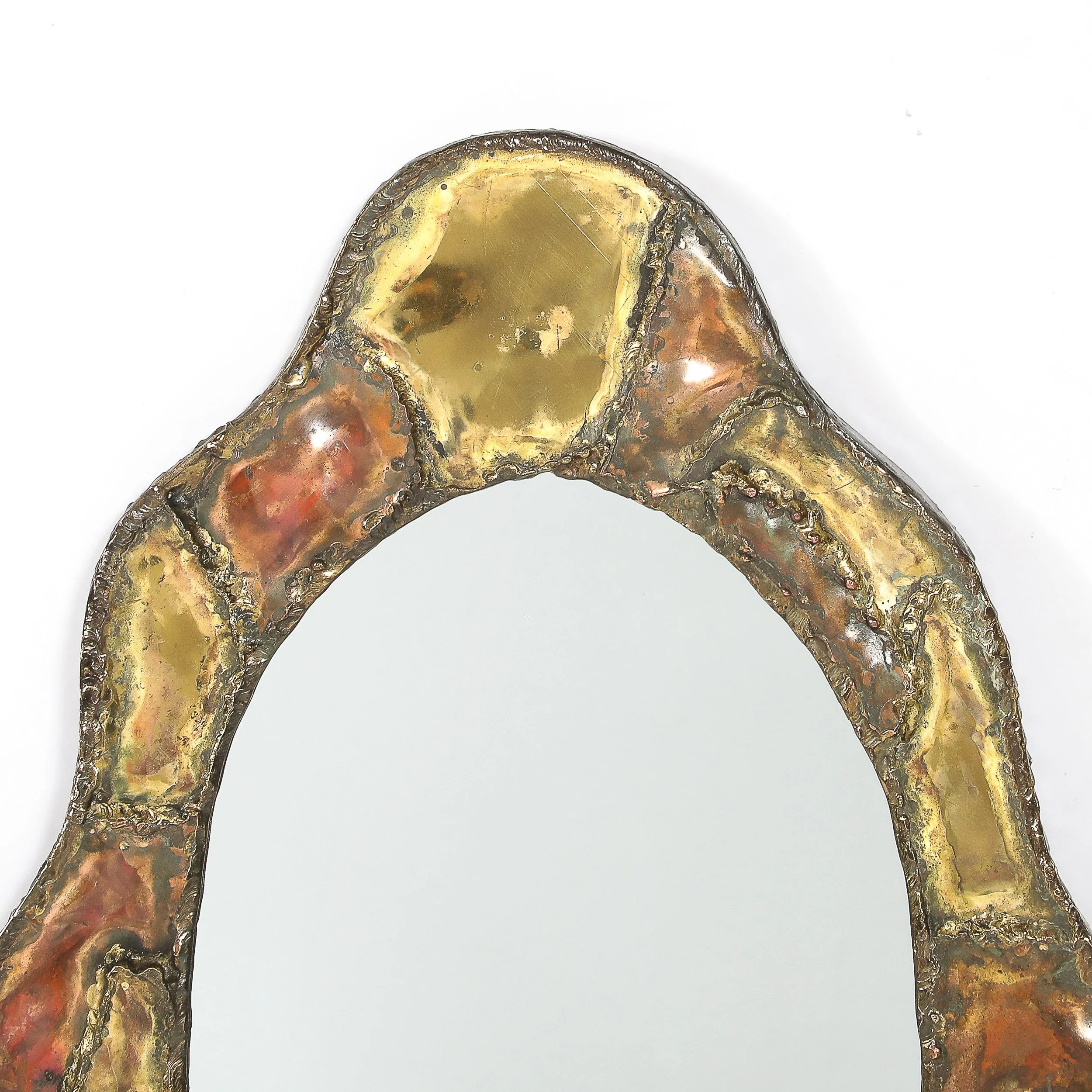 Mid-Century Brutalist Textural Welded Brass & Copper Bordered Signed Mirror — image 2