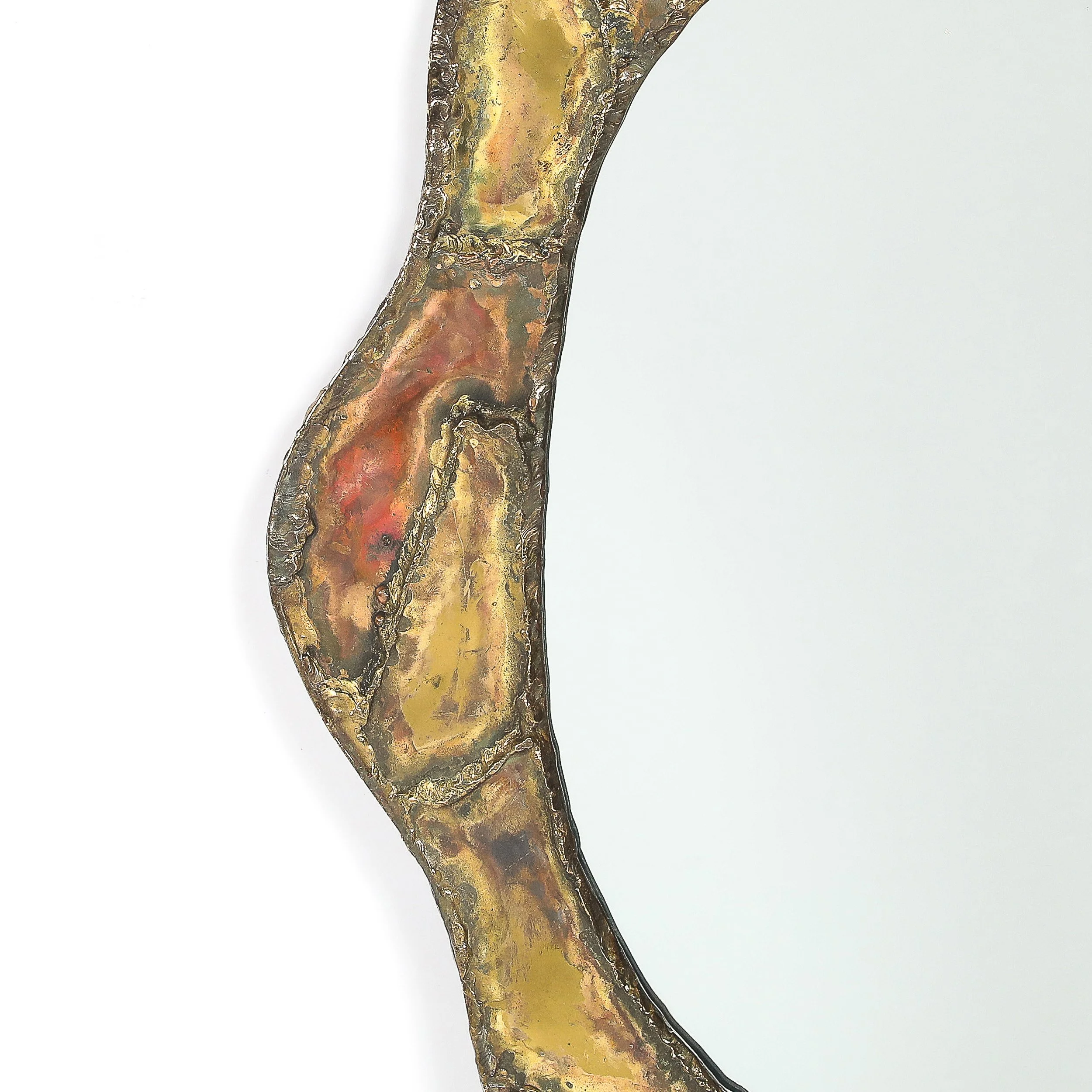 Mid-Century Brutalist Textural Welded Brass & Copper Bordered Signed Mirror — image 3