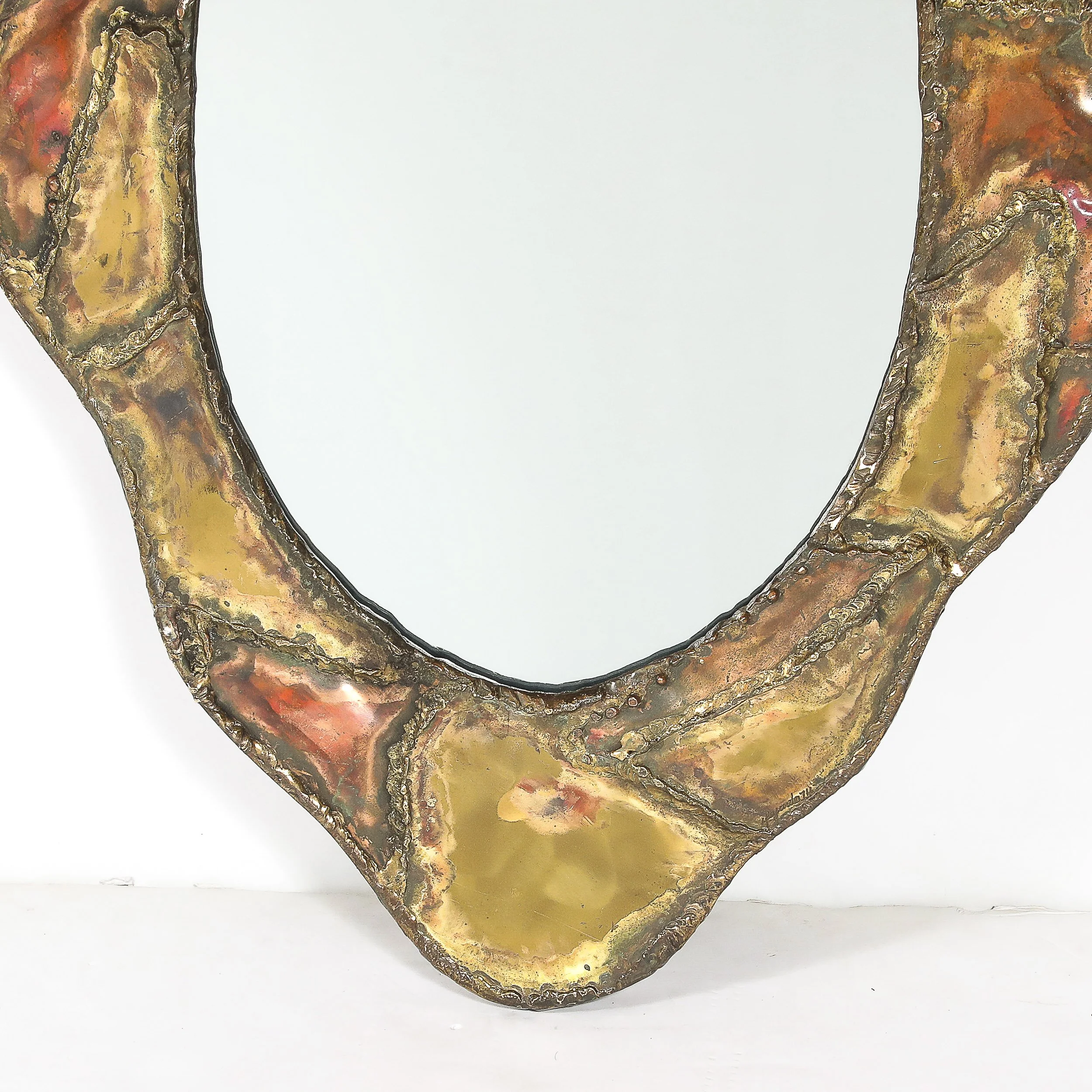 Mid-Century Brutalist Textural Welded Brass & Copper Bordered Signed Mirror — image 4