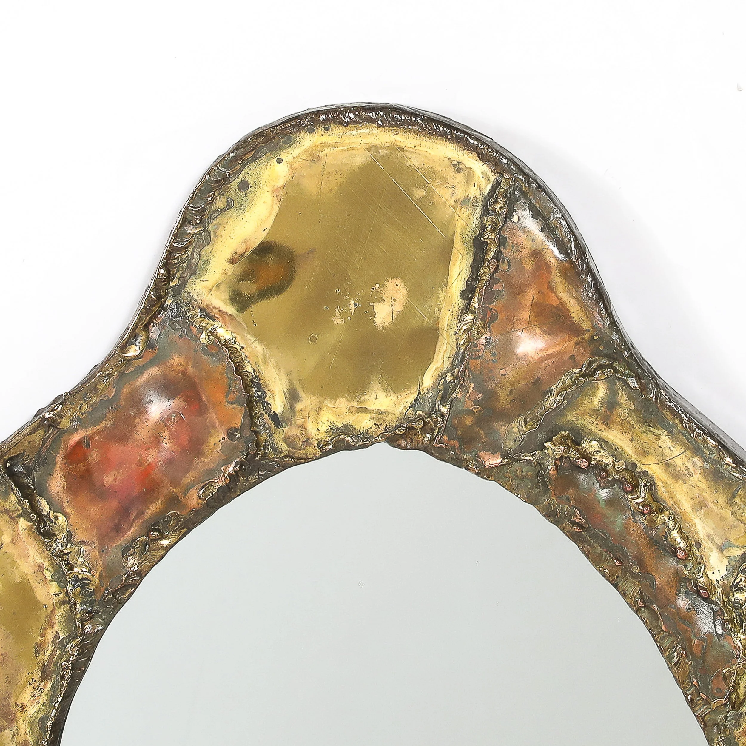 Mid-Century Brutalist Textural Welded Brass & Copper Bordered Signed Mirror — image 6