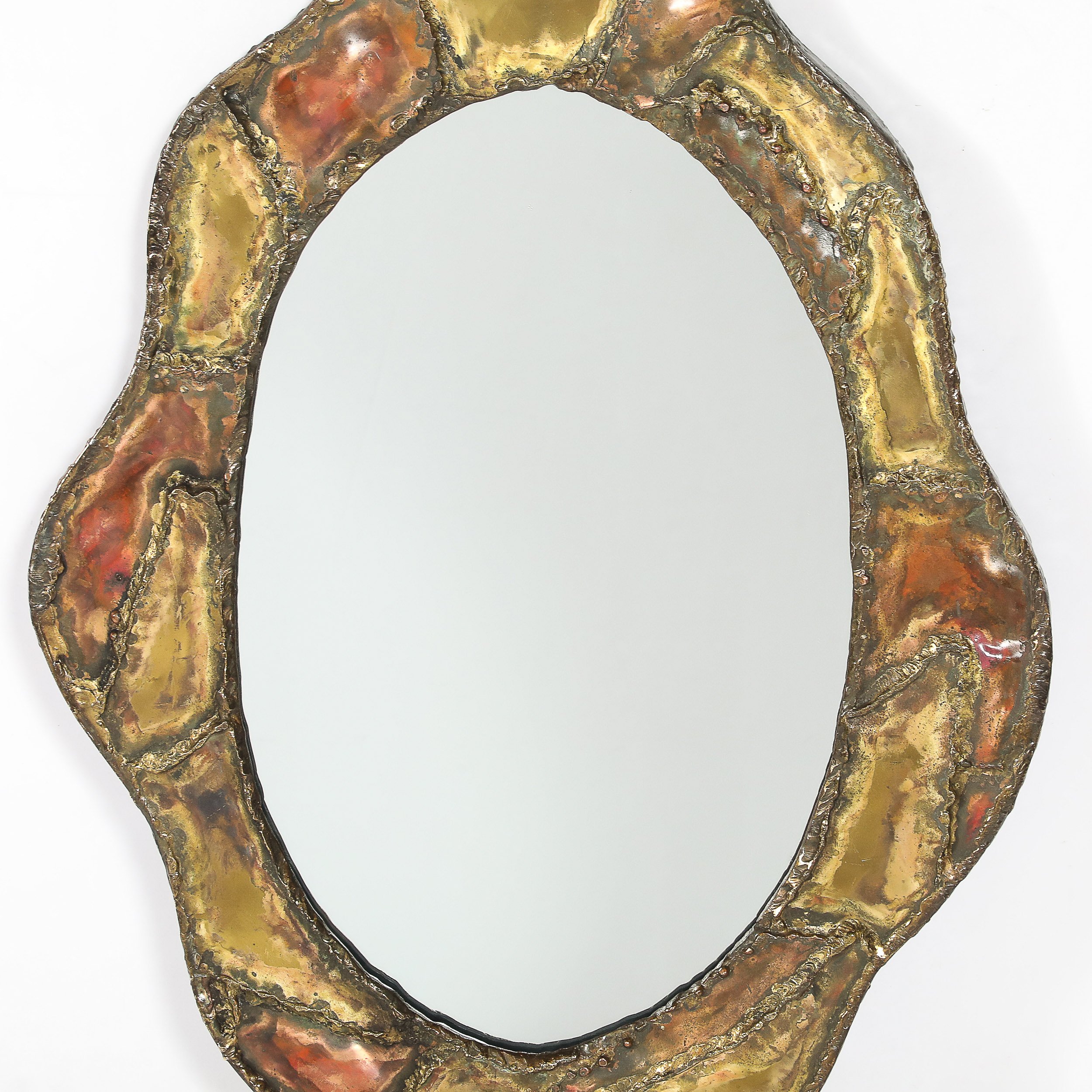 Mid-Century Brutalist Textural Welded Brass & Copper Bordered Signed Mirror — image 7