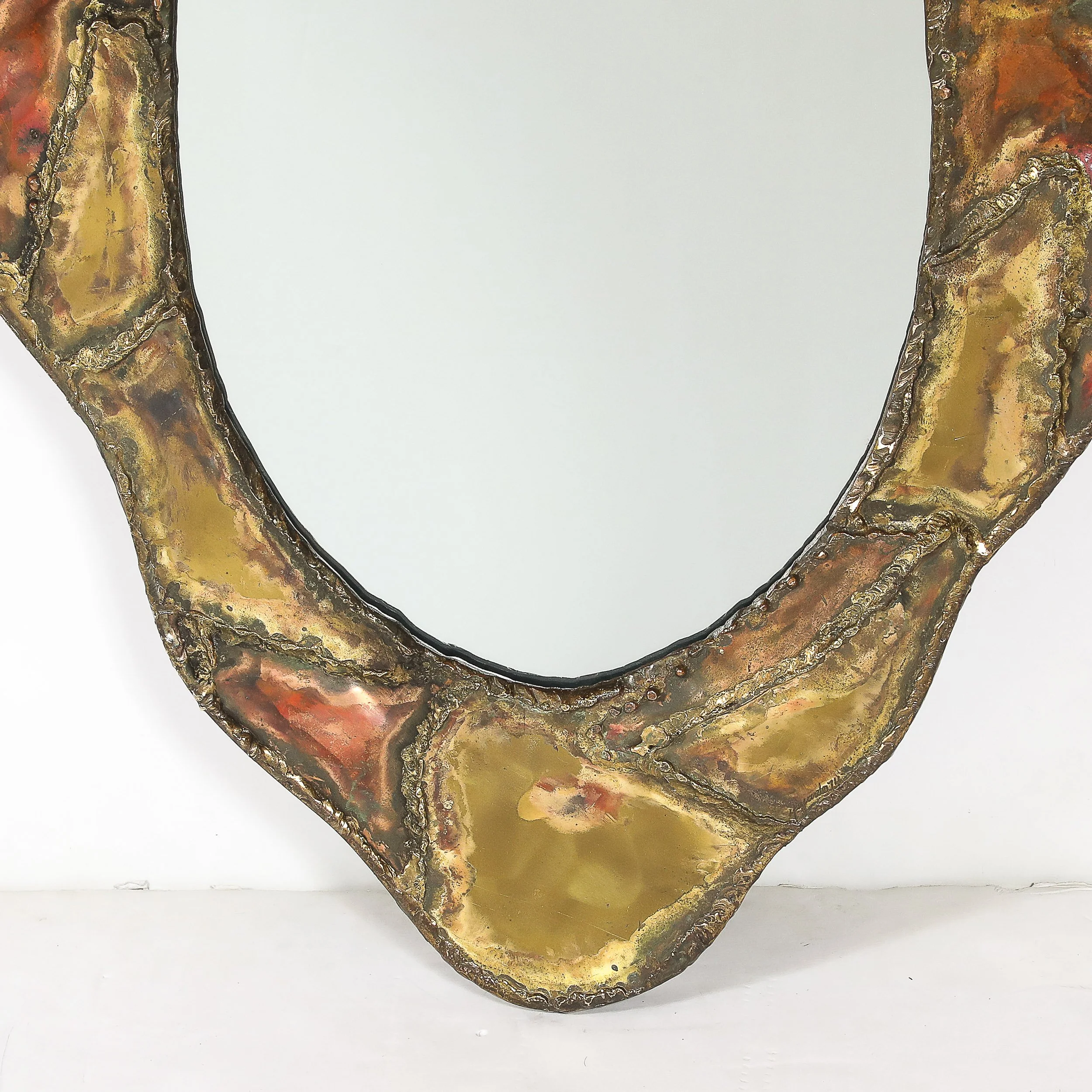 Mid-Century Brutalist Textural Welded Brass & Copper Bordered Signed Mirror — image 8