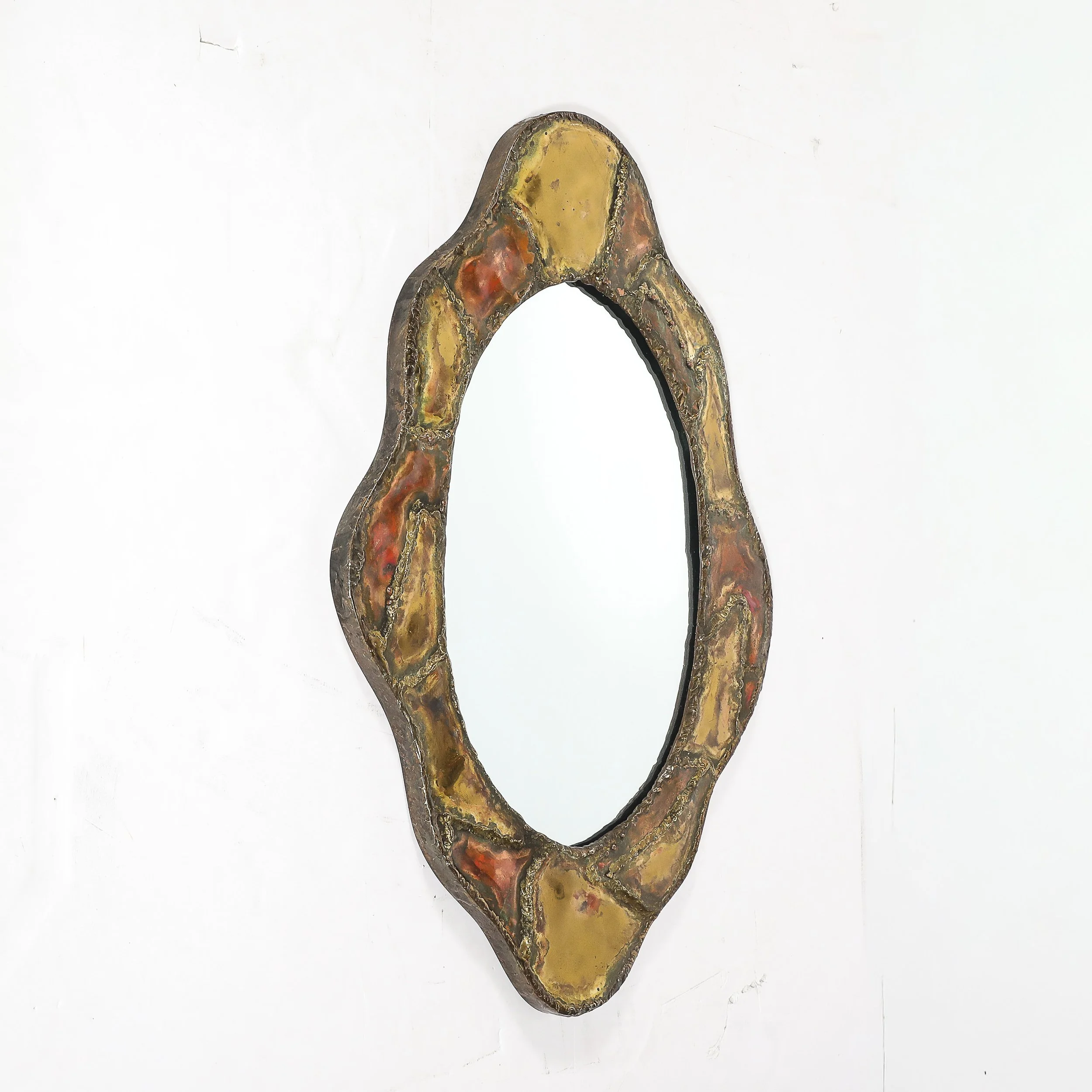 Mid-Century Brutalist Textural Welded Brass & Copper Bordered Signed Mirror — image 9