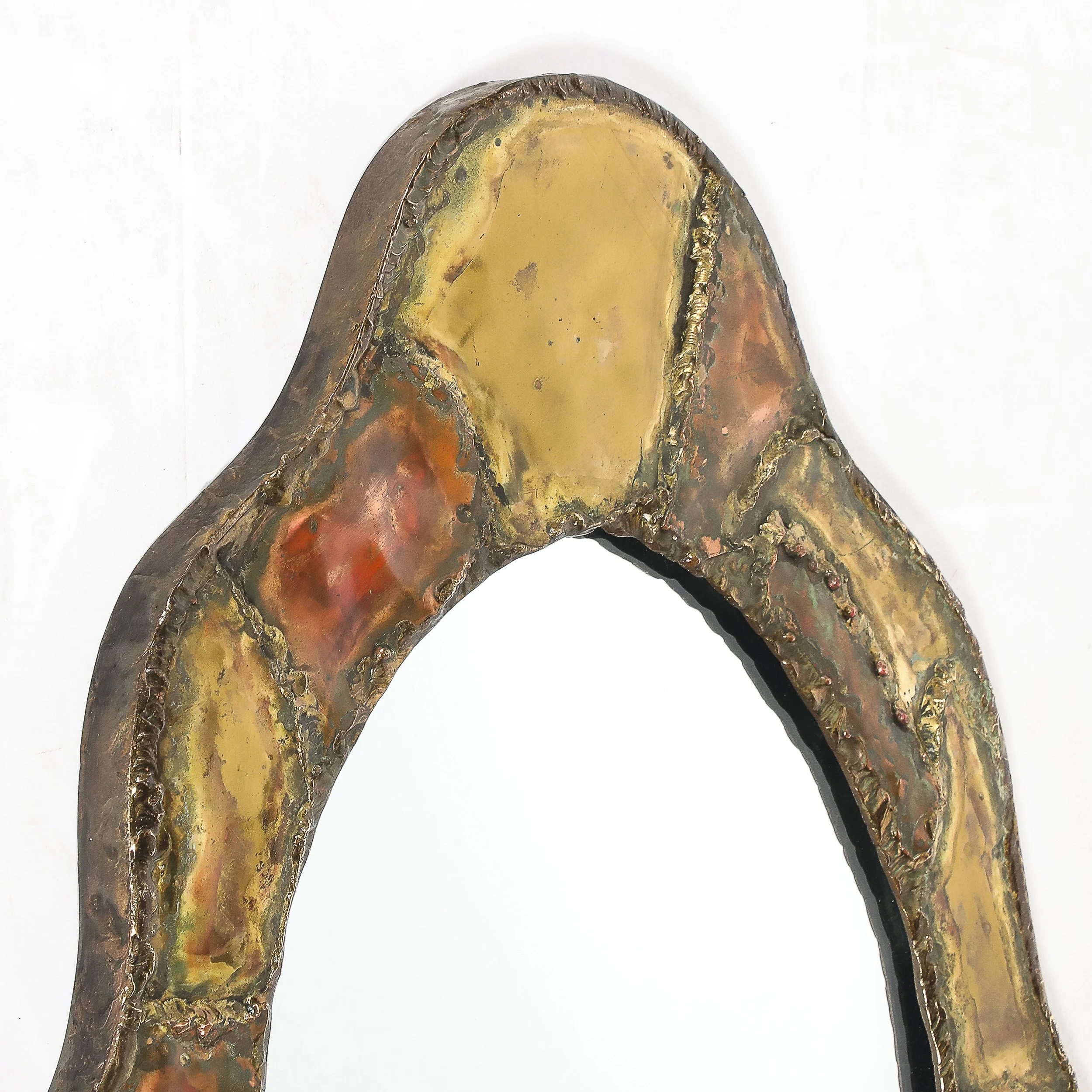 Mid-Century Brutalist Textural Welded Brass & Copper Bordered Signed Mirror — image 10