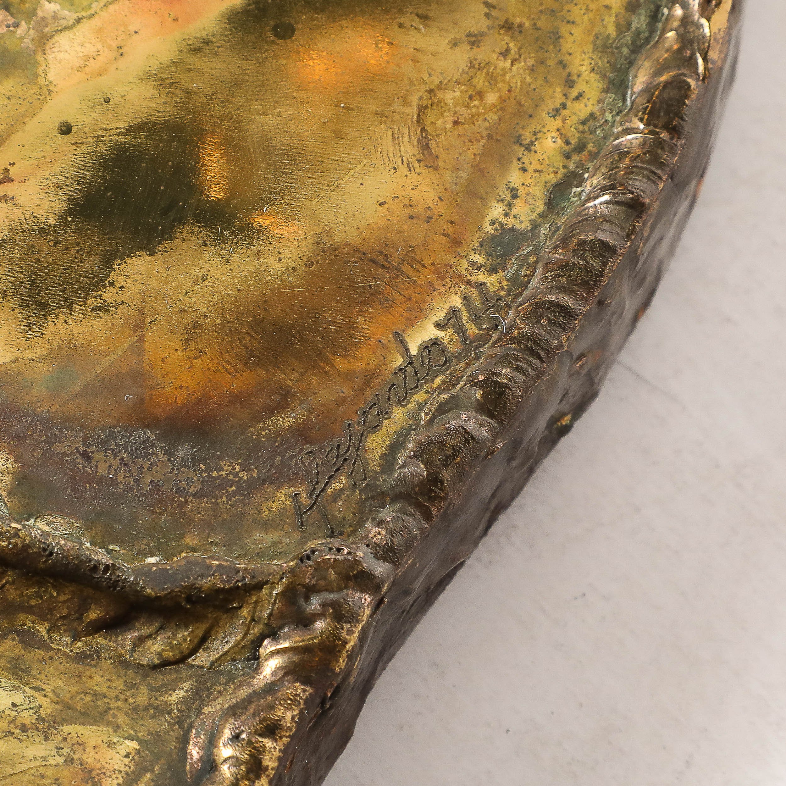 Mid-Century Brutalist Textural Welded Brass & Copper Bordered Signed Mirror — image 11