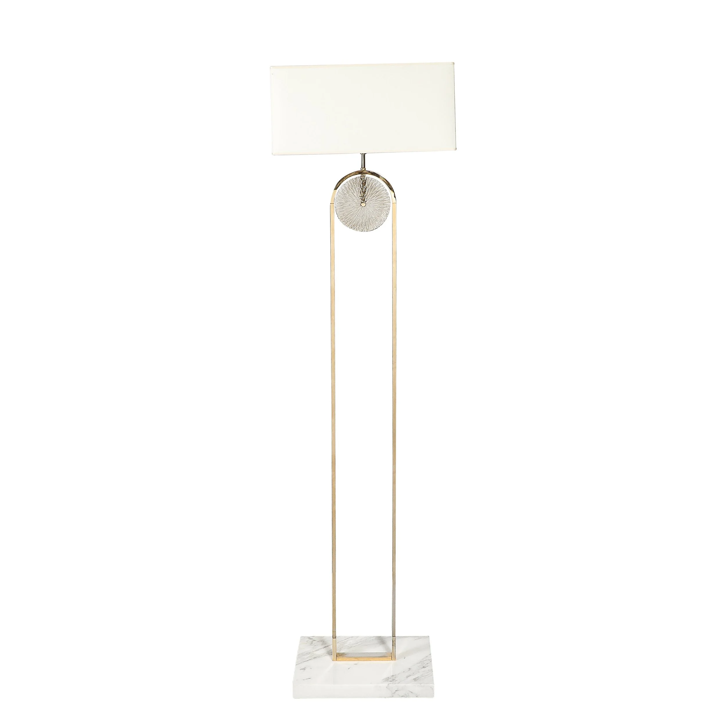 Mid-Century Brass Arch Floor Lamp w/ Textured Glass Medallion & White Marble — image 1