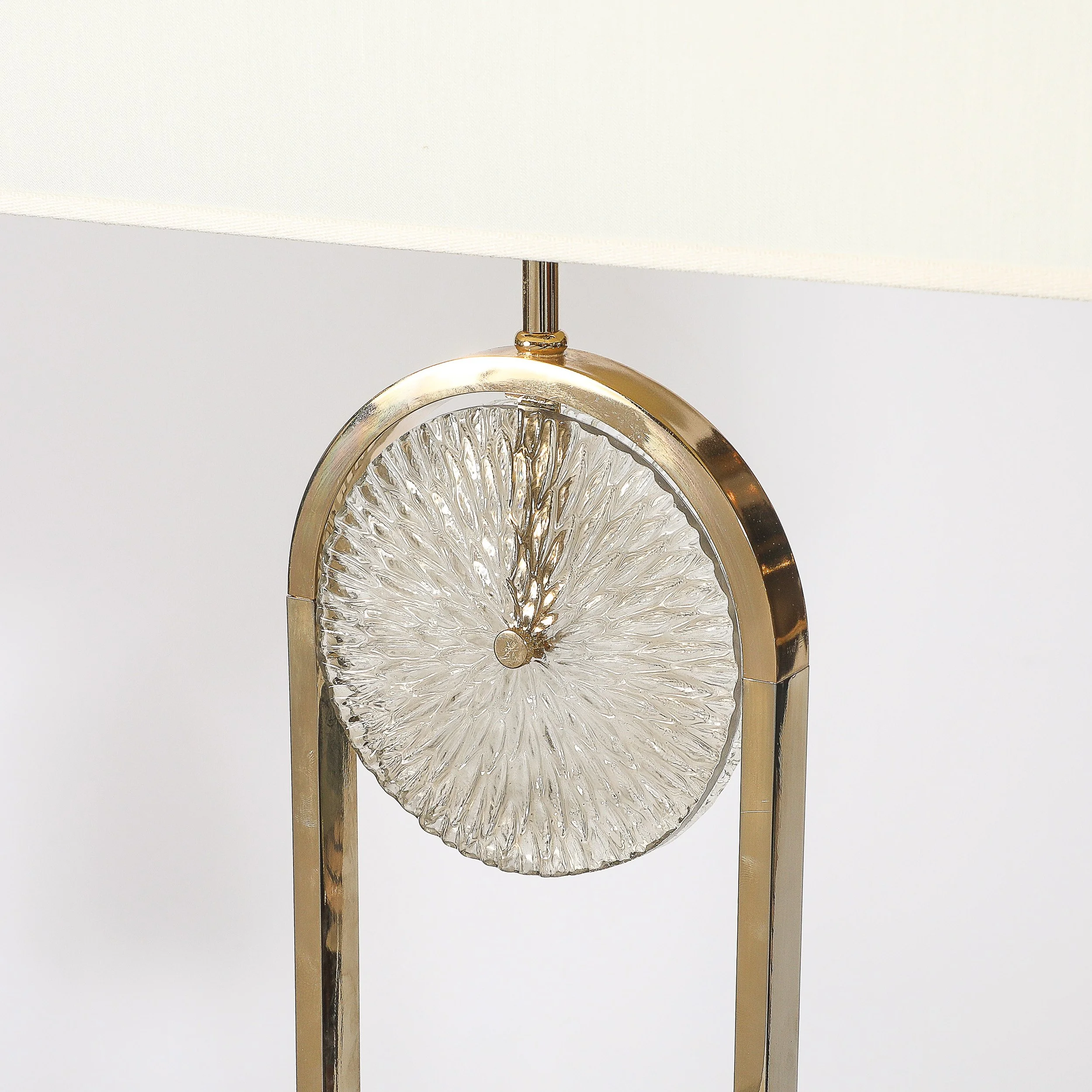 Mid-Century Brass Arch Floor Lamp w/ Textured Glass Medallion & White Marble — image 2