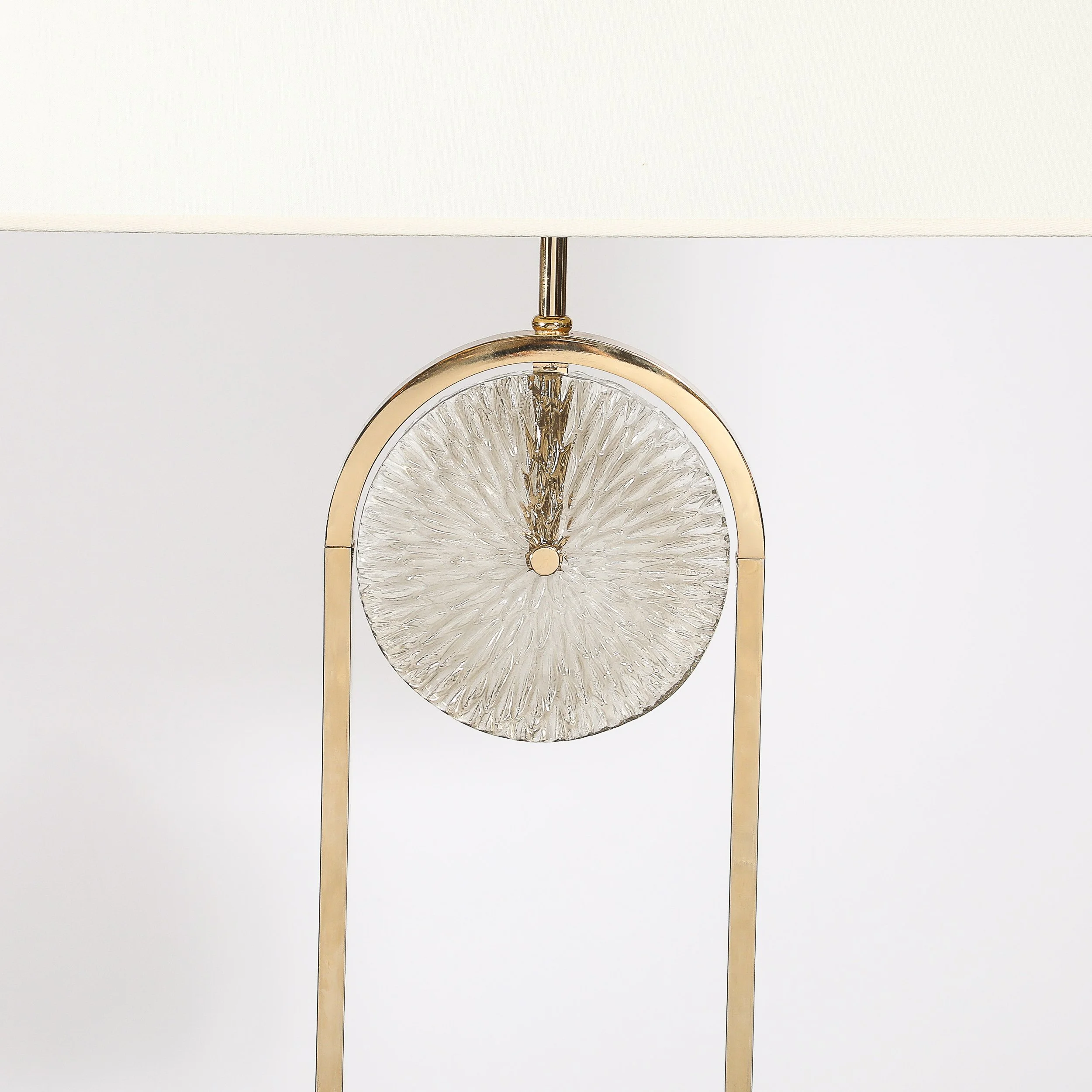 Mid-Century Brass Arch Floor Lamp w/ Textured Glass Medallion & White Marble — image 3