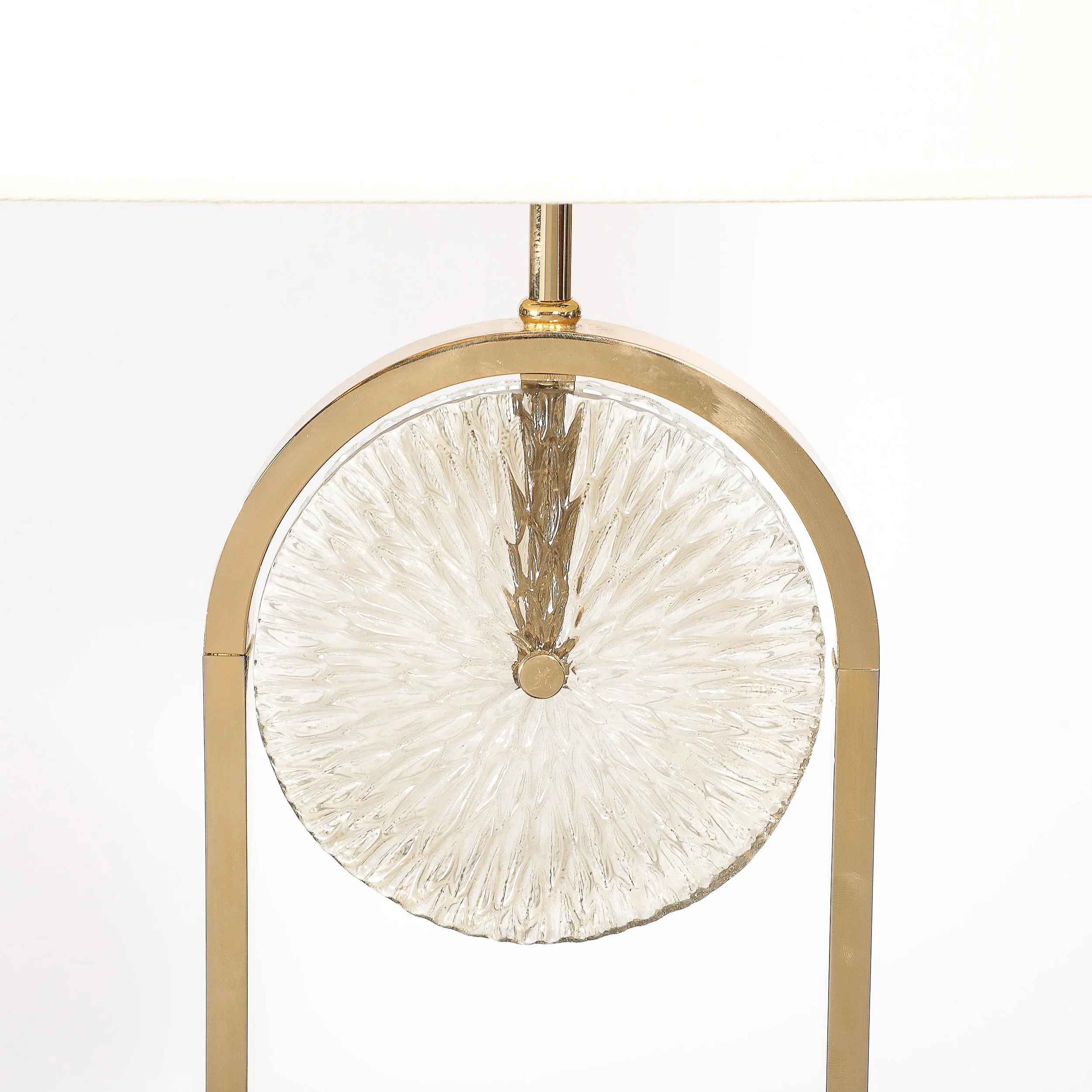 Mid-Century Brass Arch Floor Lamp w/ Textured Glass Medallion & White Marble — image 4