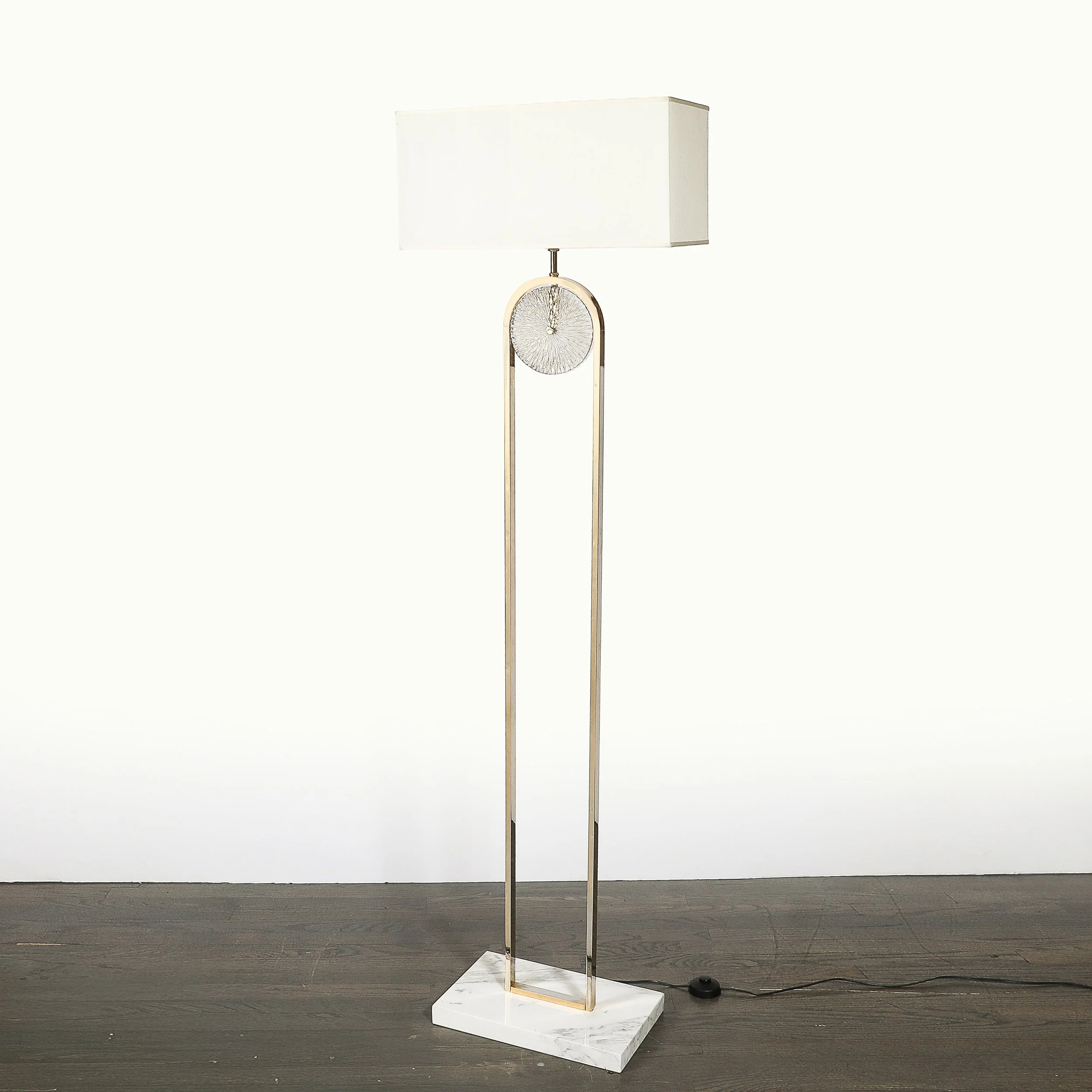 Mid-Century Brass Arch Floor Lamp w/ Textured Glass Medallion & White Marble — image 6